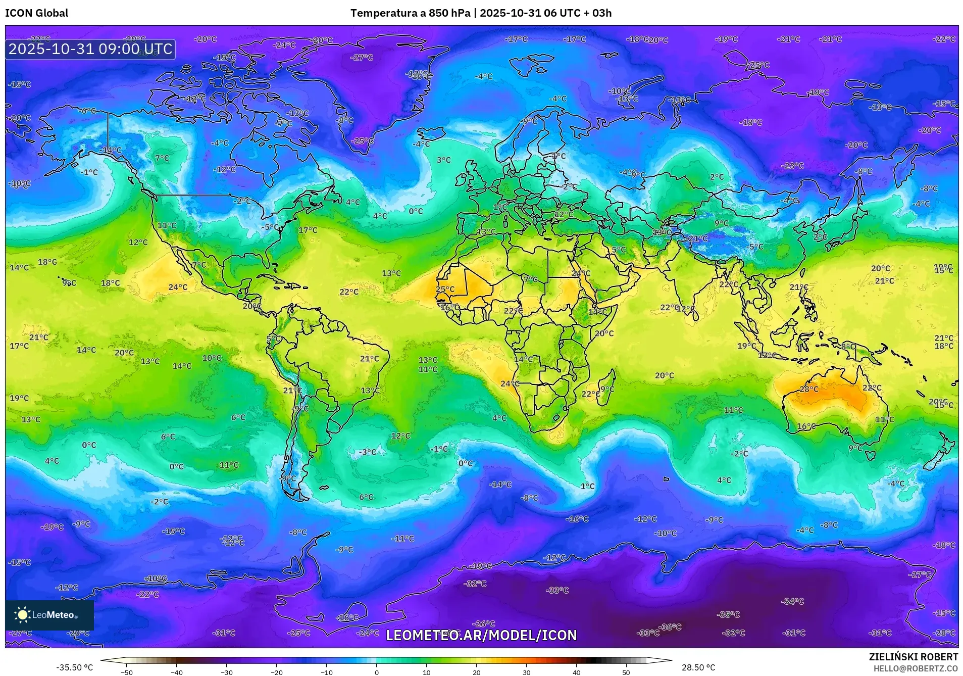 ICON model - Mundo, Temperatura a 850 hPa ICON model - Mundo, Temperatura a 850 hPa