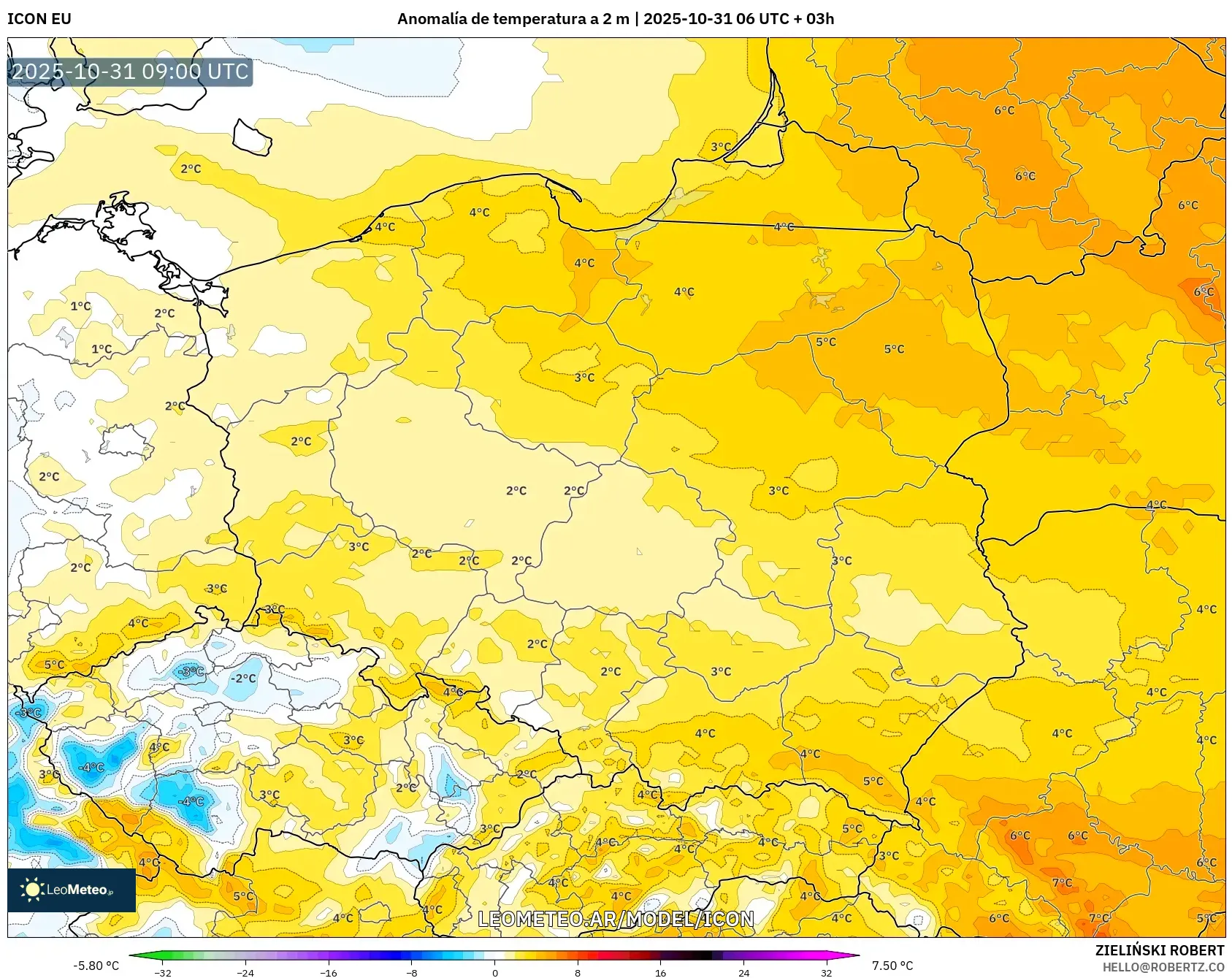ICON model - Polonia, Anomalía de temperatura a 2 m ICON model - Polonia, Anomalía de temperatura a 2 m