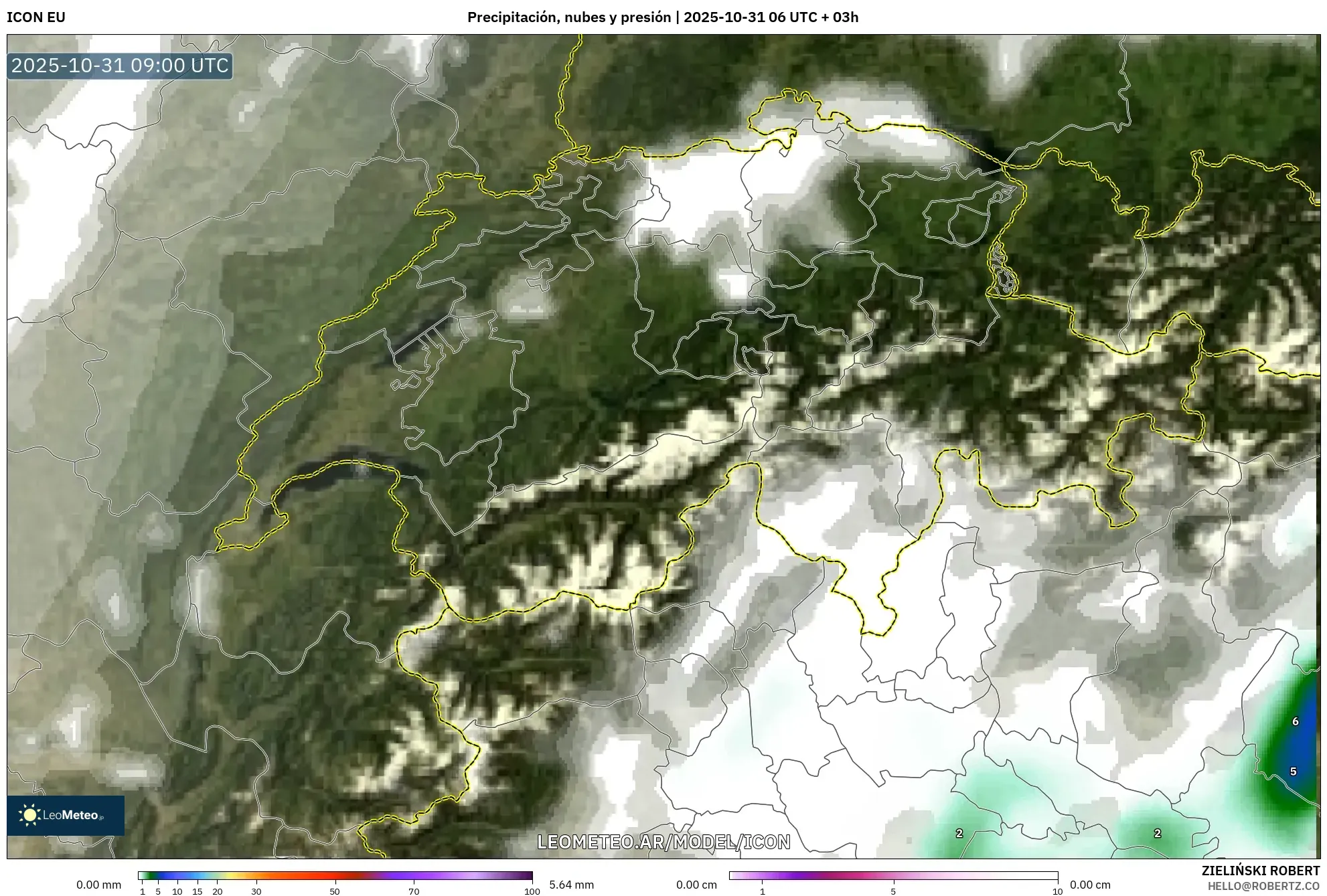 ICON model - Suiza, Precipitación, nubes y presión ICON model - Suiza, Precipitación, nubes y presión