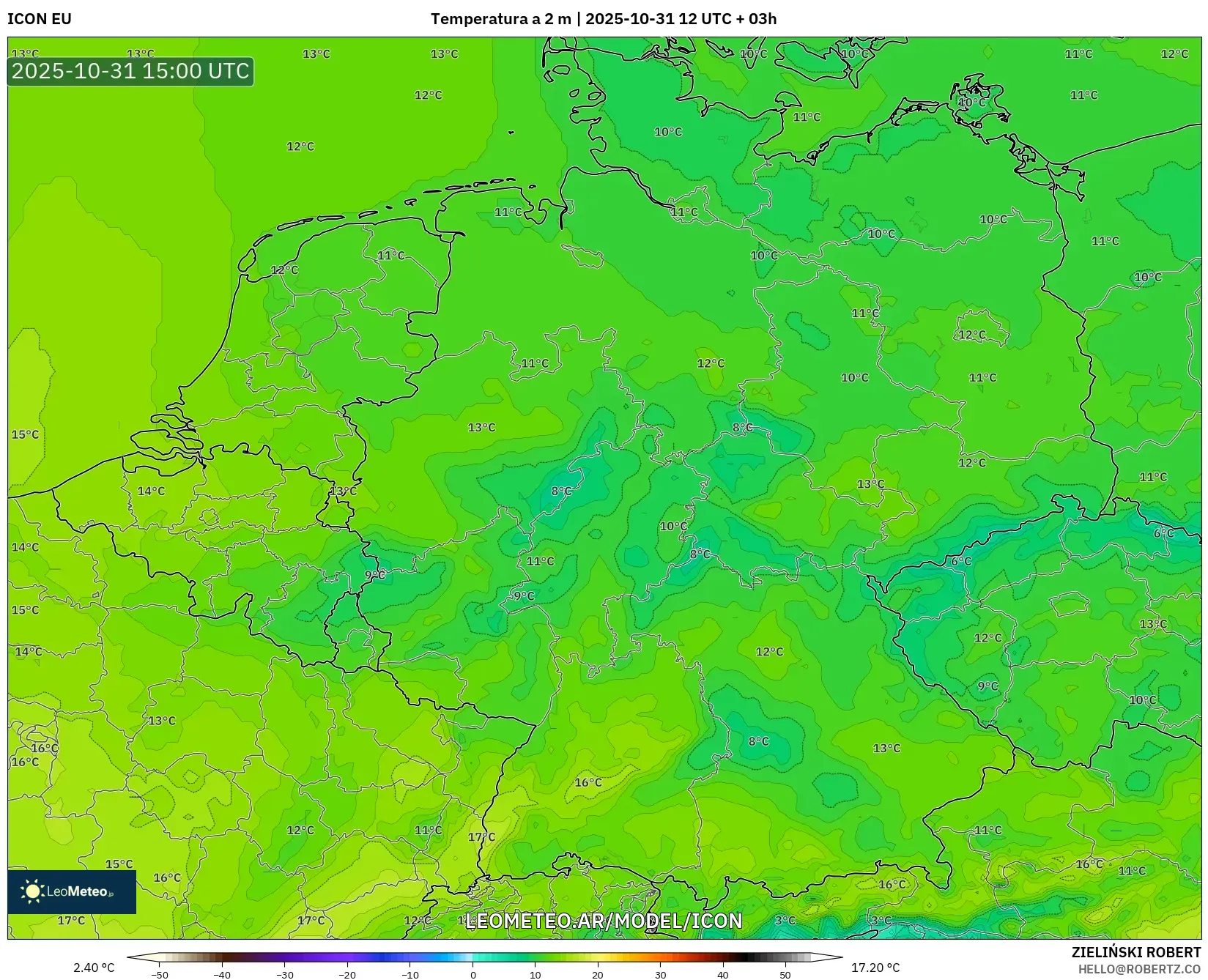 ICON model - Alemania, Temperatura a 2 m ICON model - Alemania, Temperatura a 2 m
