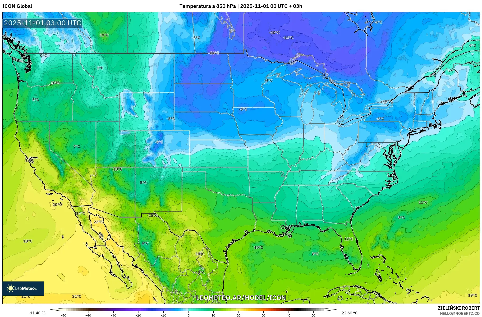 ICON model - Estados Unidos, Temperatura a 850 hPa