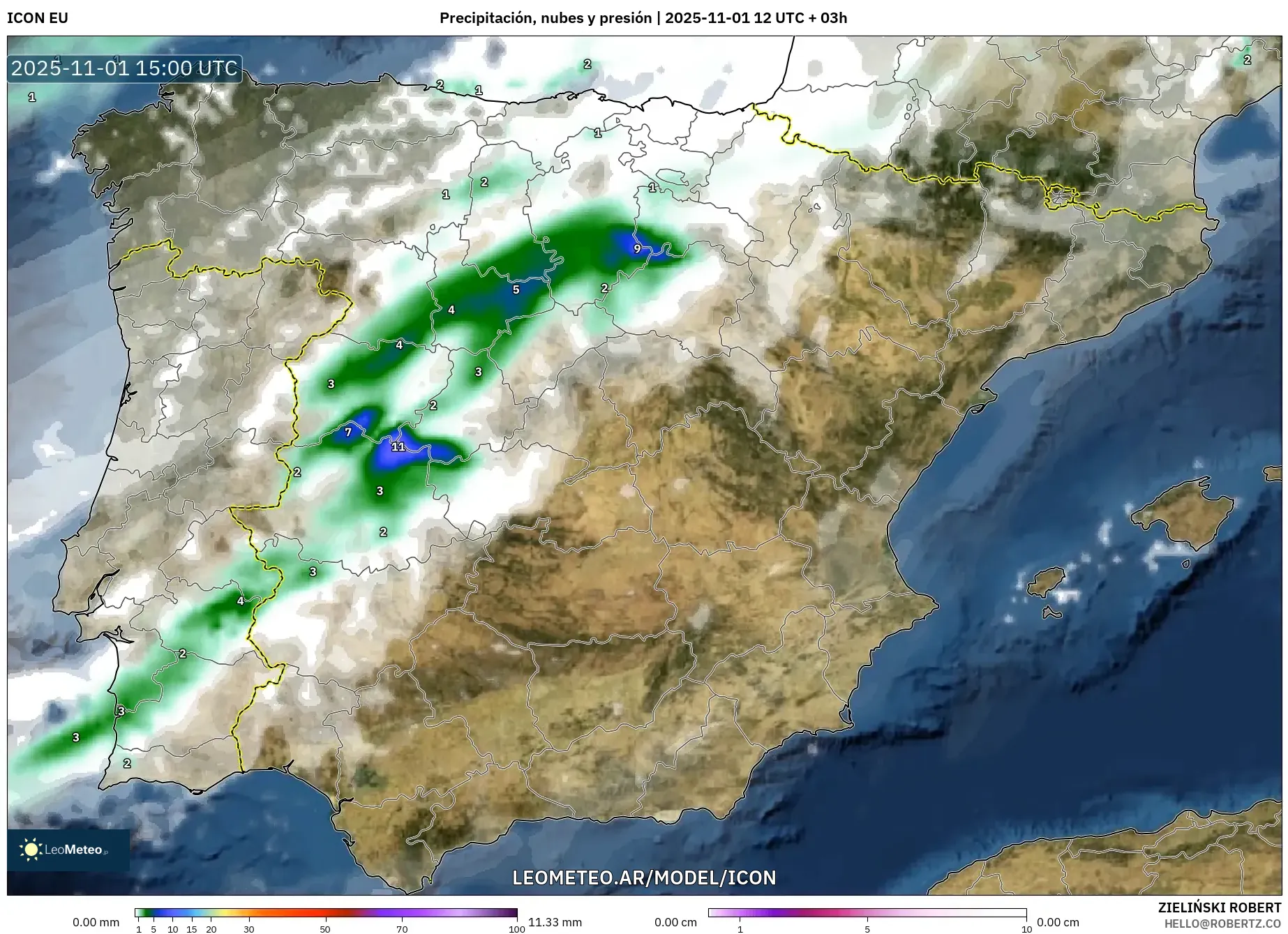 ICON model - España, Precipitación, nubes y presión ICON model - España, Precipitación, nubes y presión