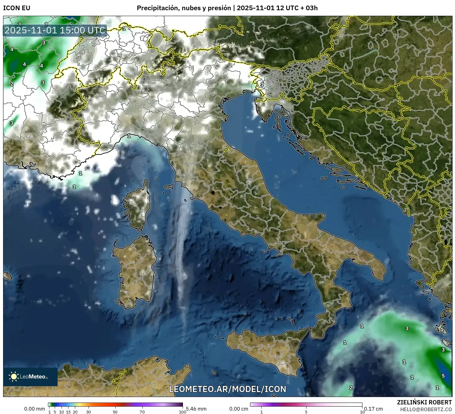 ICON model - Italia, Precipitación, nubes y presión
