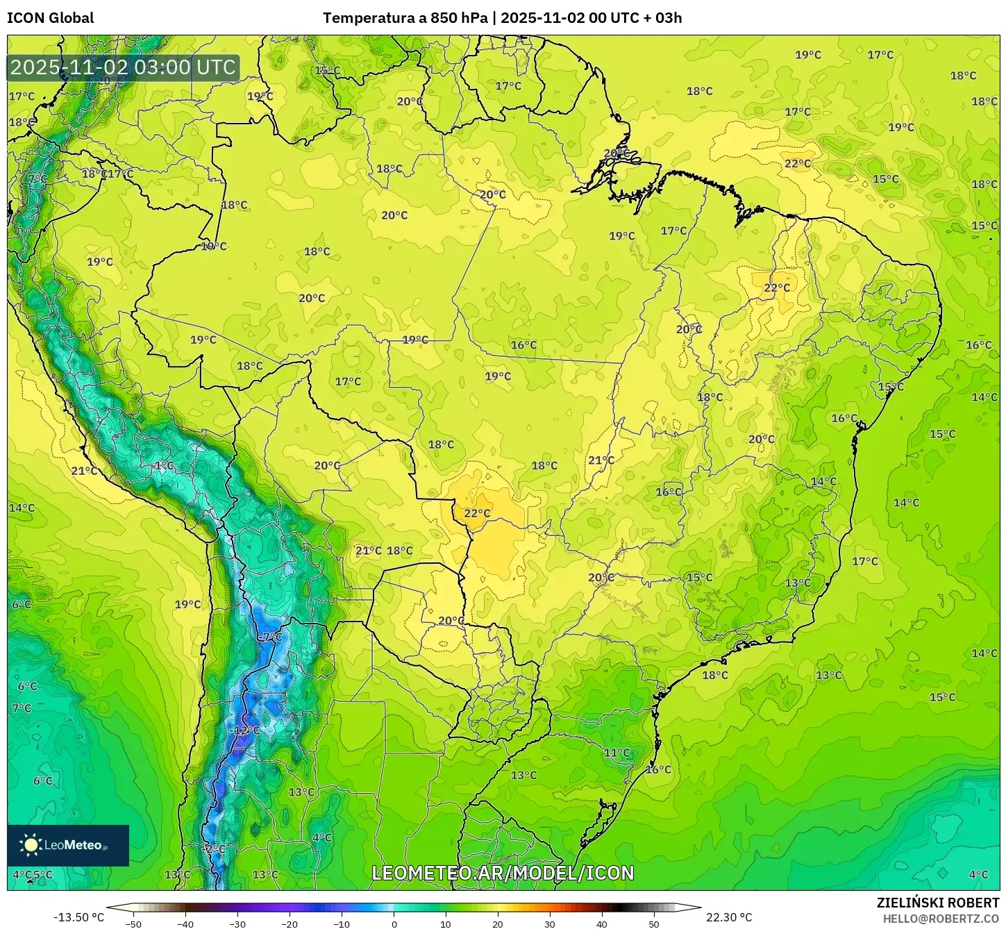 ICON model - Brasil, Temperatura a 850 hPa ICON model - Brasil, Temperatura a 850 hPa