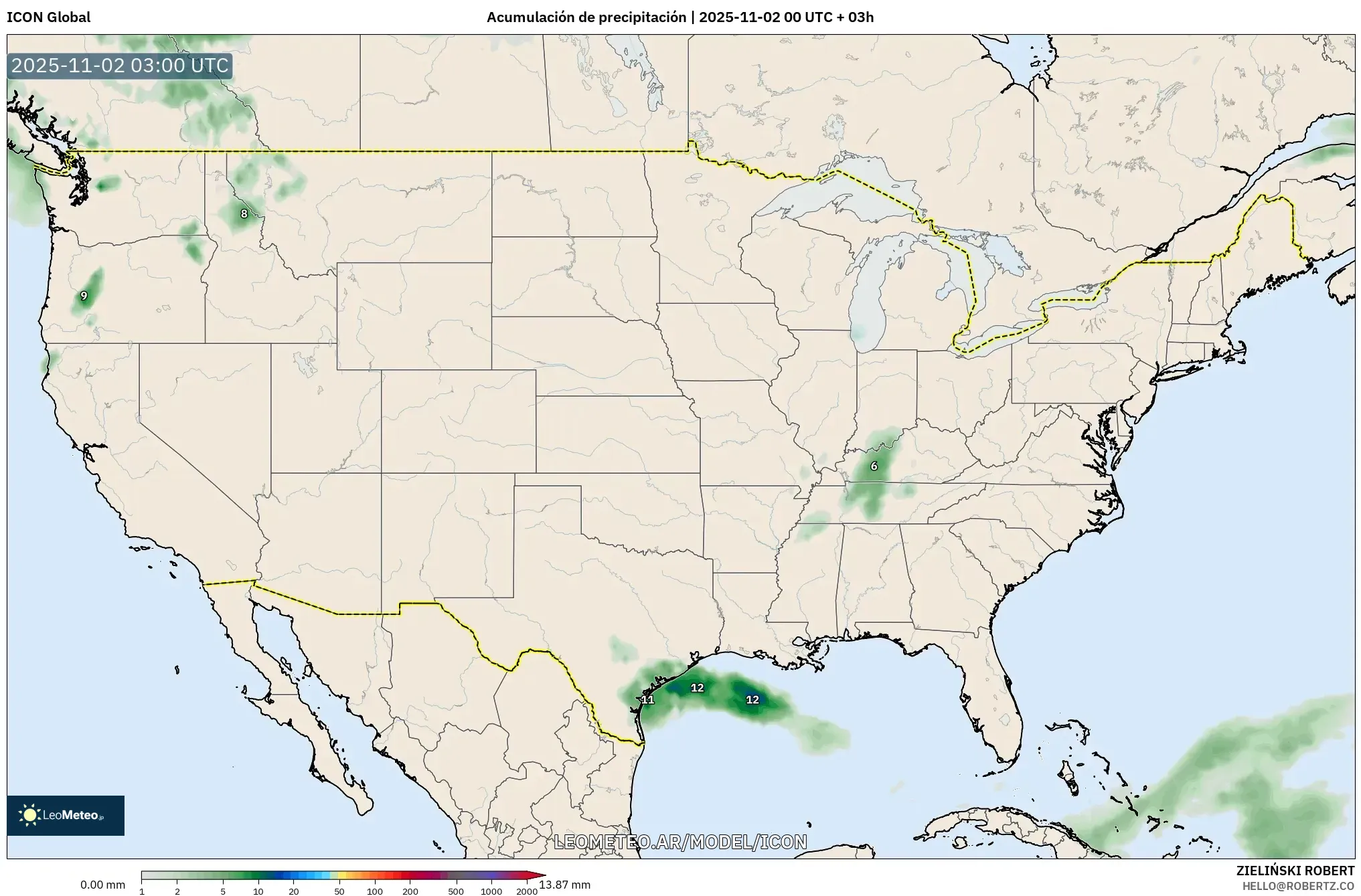 ICON model - Estados Unidos, Acumulación de precipitación ICON model - Estados Unidos, Acumulación de precipitación