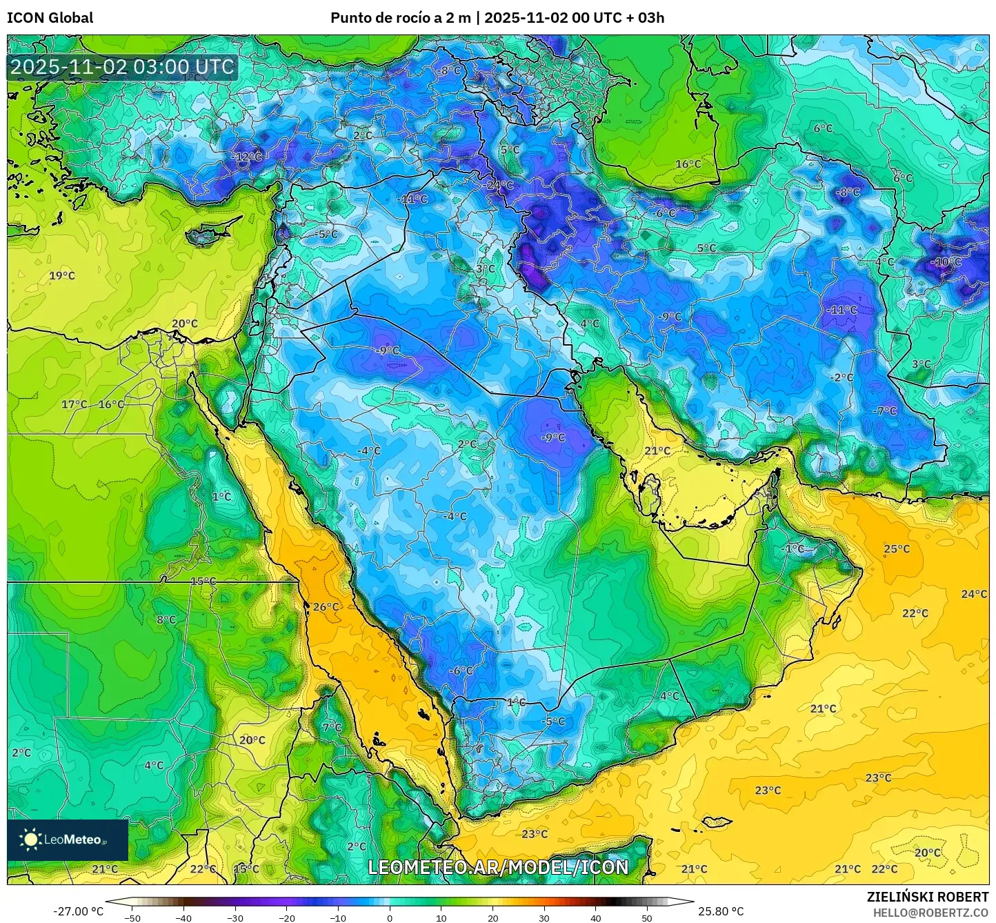 ICON model - Oriente Medio, Punto de rocío a 2 m ICON model - Oriente Medio, Punto de rocío a 2 m