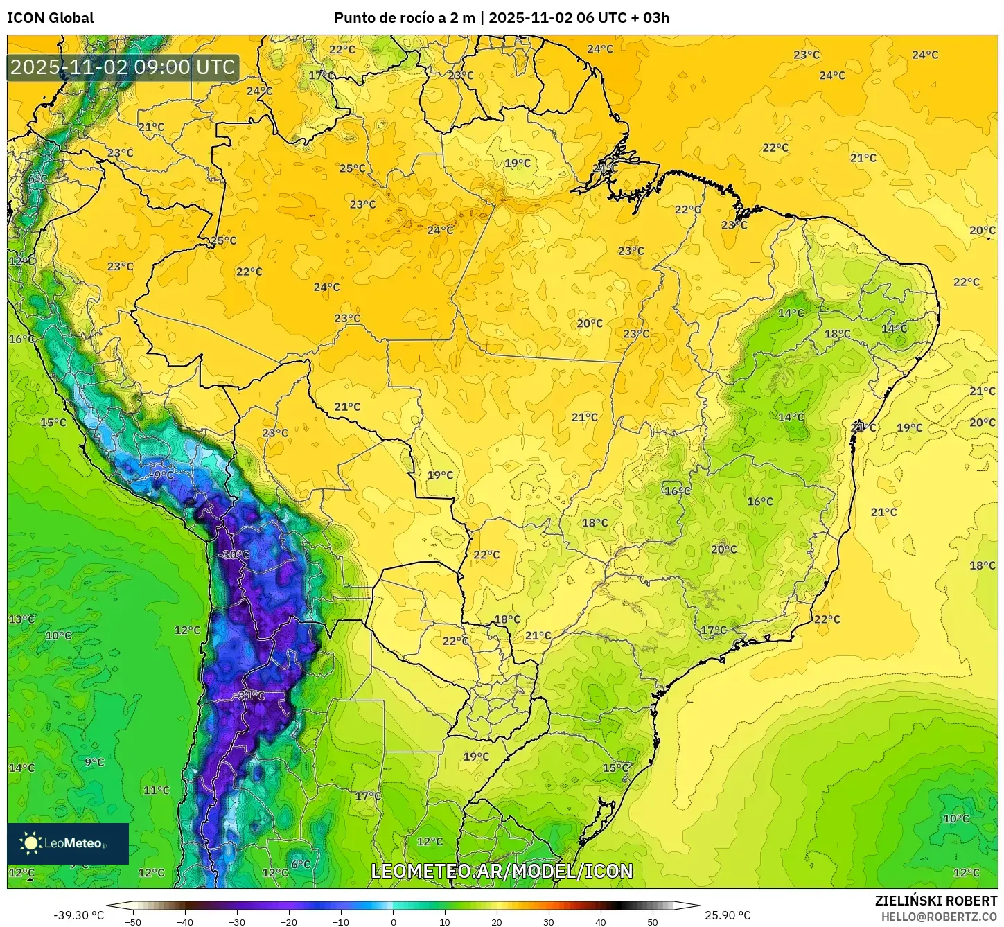 ICON model - Brasil, Punto de rocío a 2 m ICON model - Brasil, Punto de rocío a 2 m