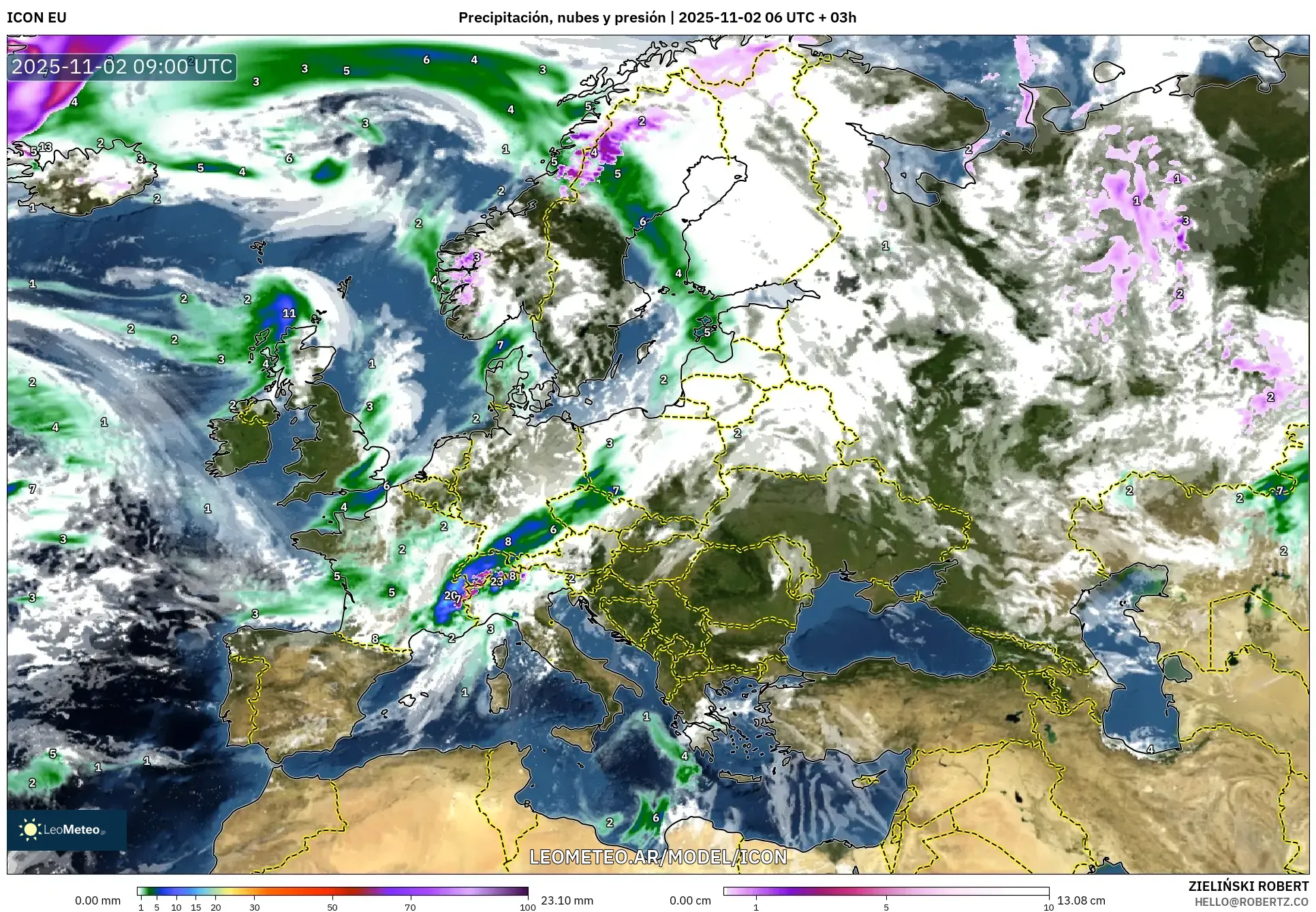 ICON model - Europa, Precipitación, nubes y presión