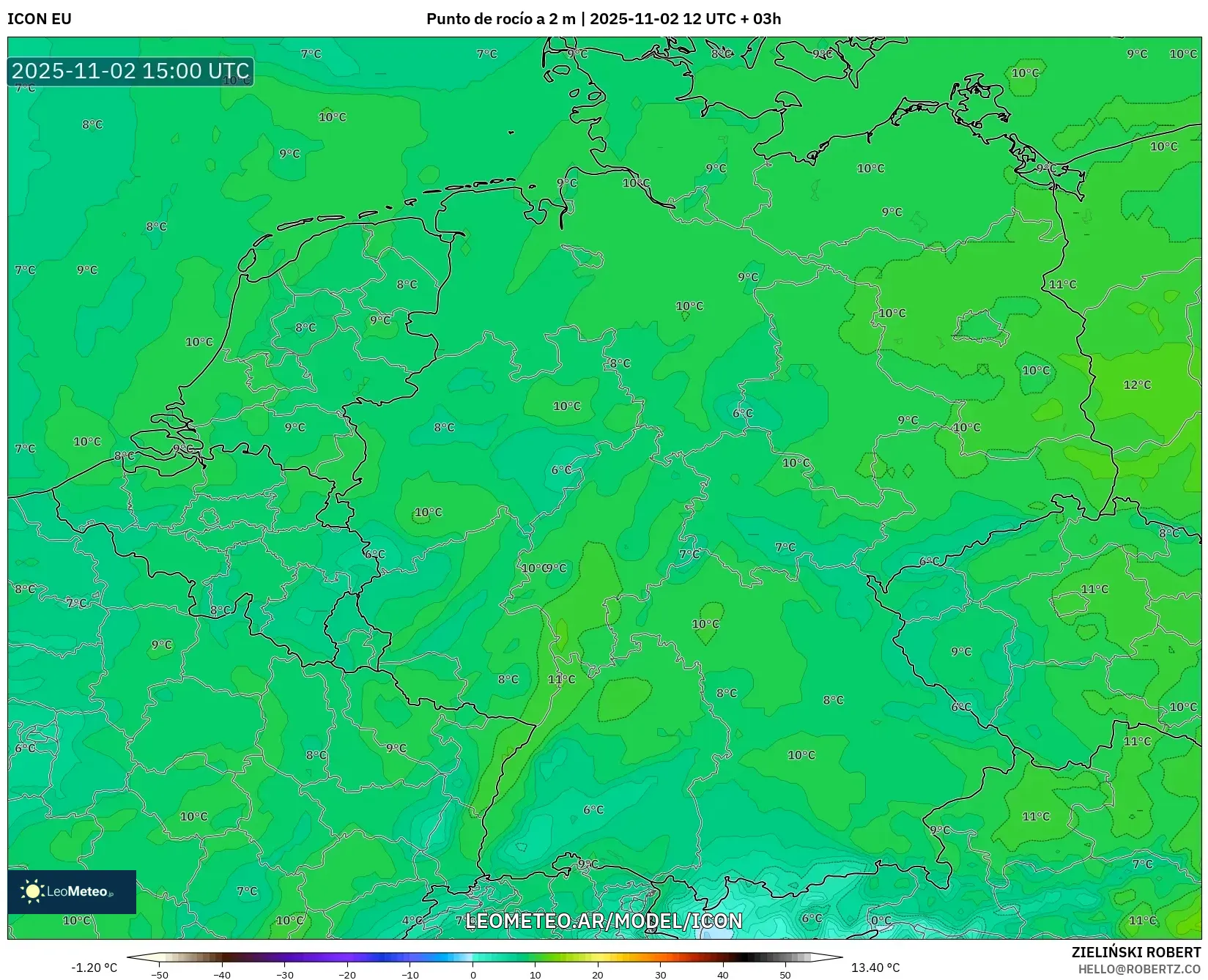 ICON model - Alemania, Punto de rocío a 2 m ICON model - Alemania, Punto de rocío a 2 m