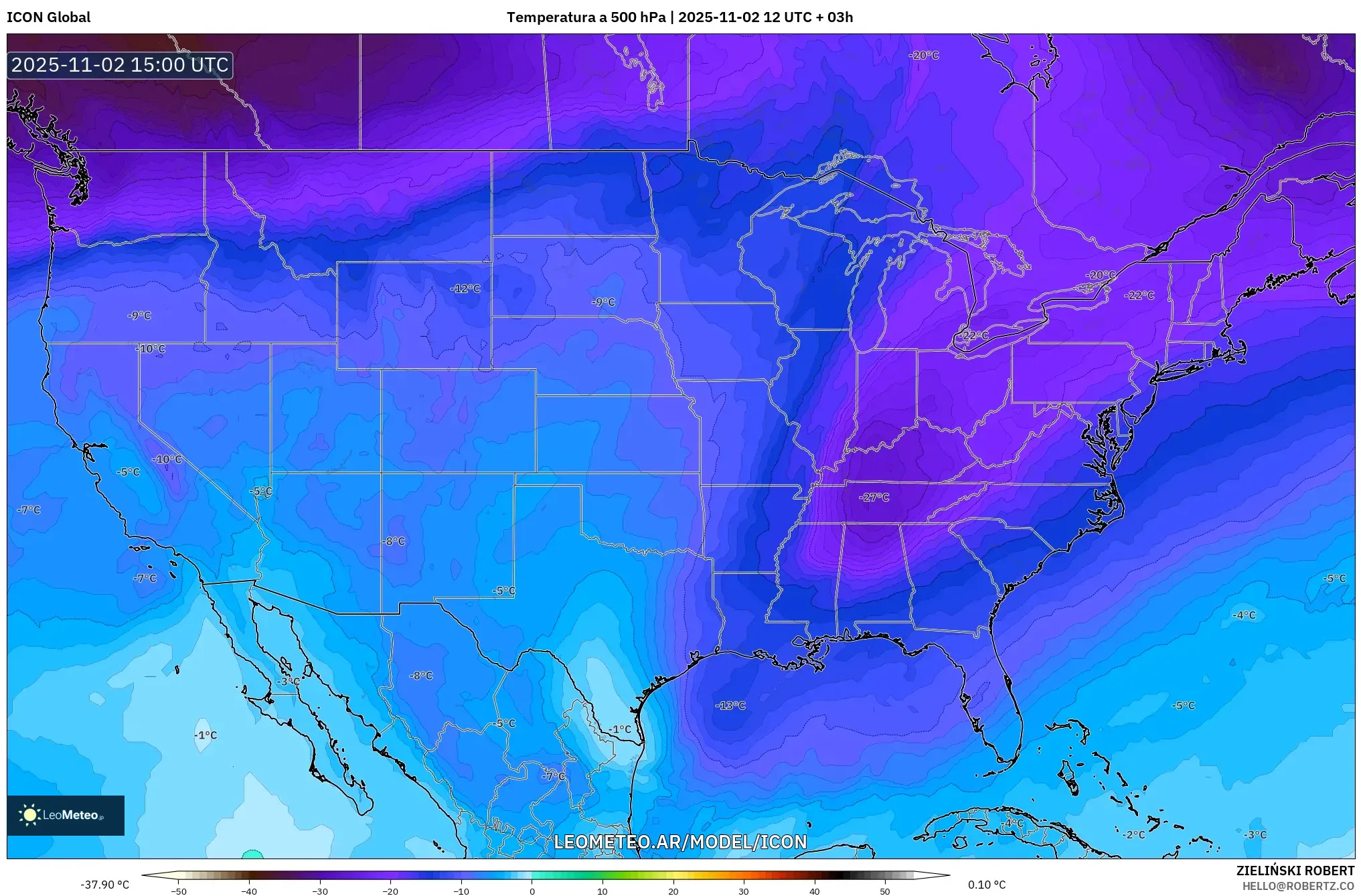 ICON model - Estados Unidos, Temperatura a 500 hPa