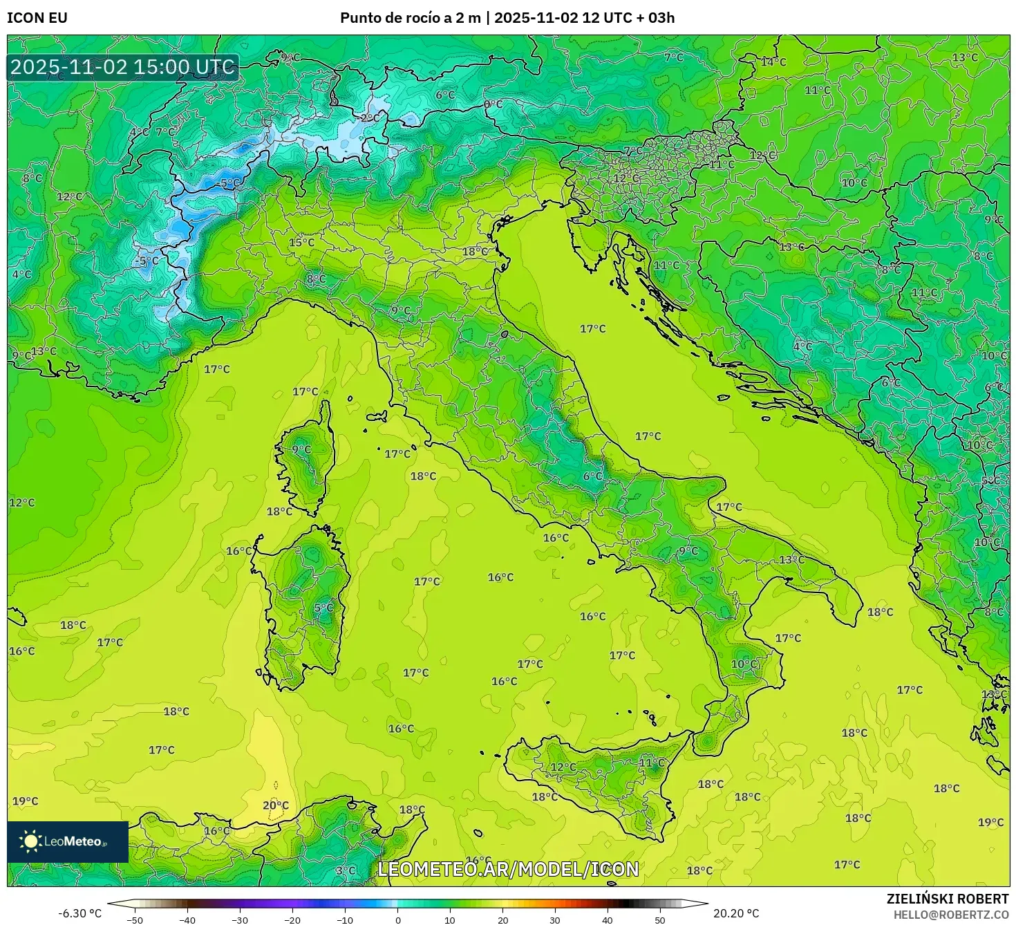 ICON model - Italia, Punto de rocío a 2 m ICON model - Italia, Punto de rocío a 2 m