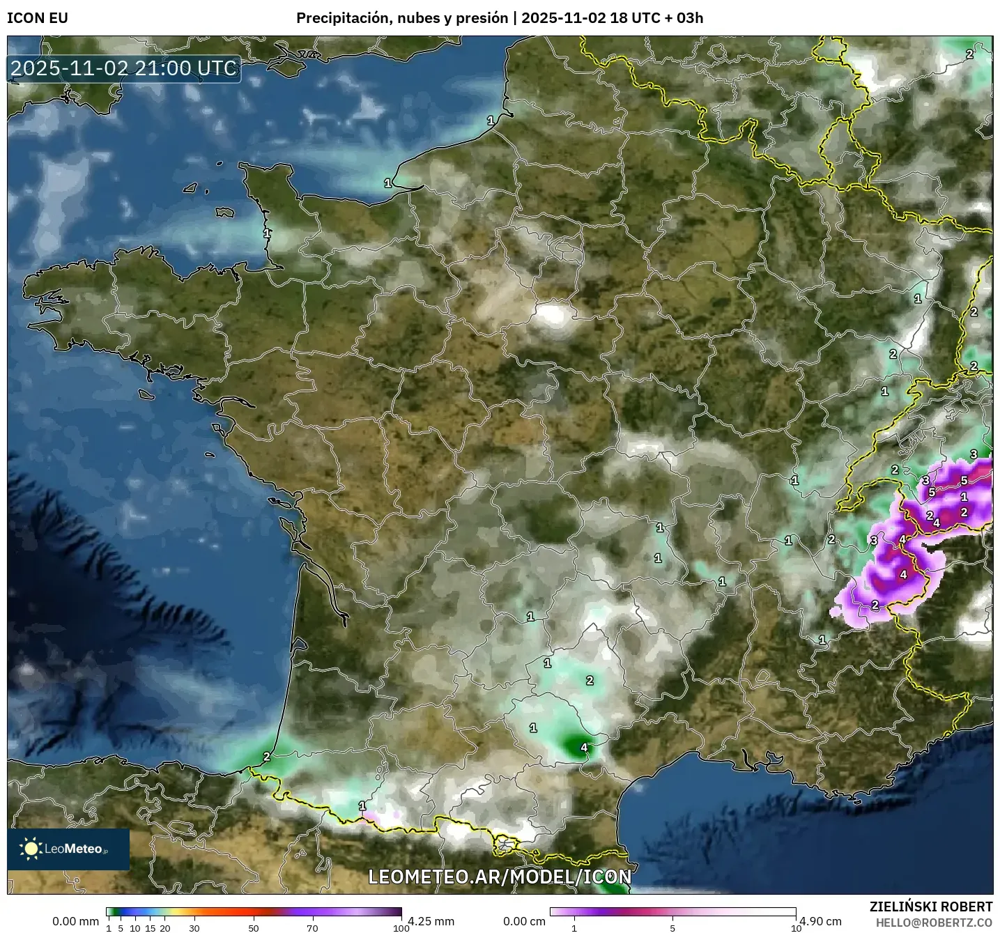 ICON model - Francia, Precipitación, nubes y presión