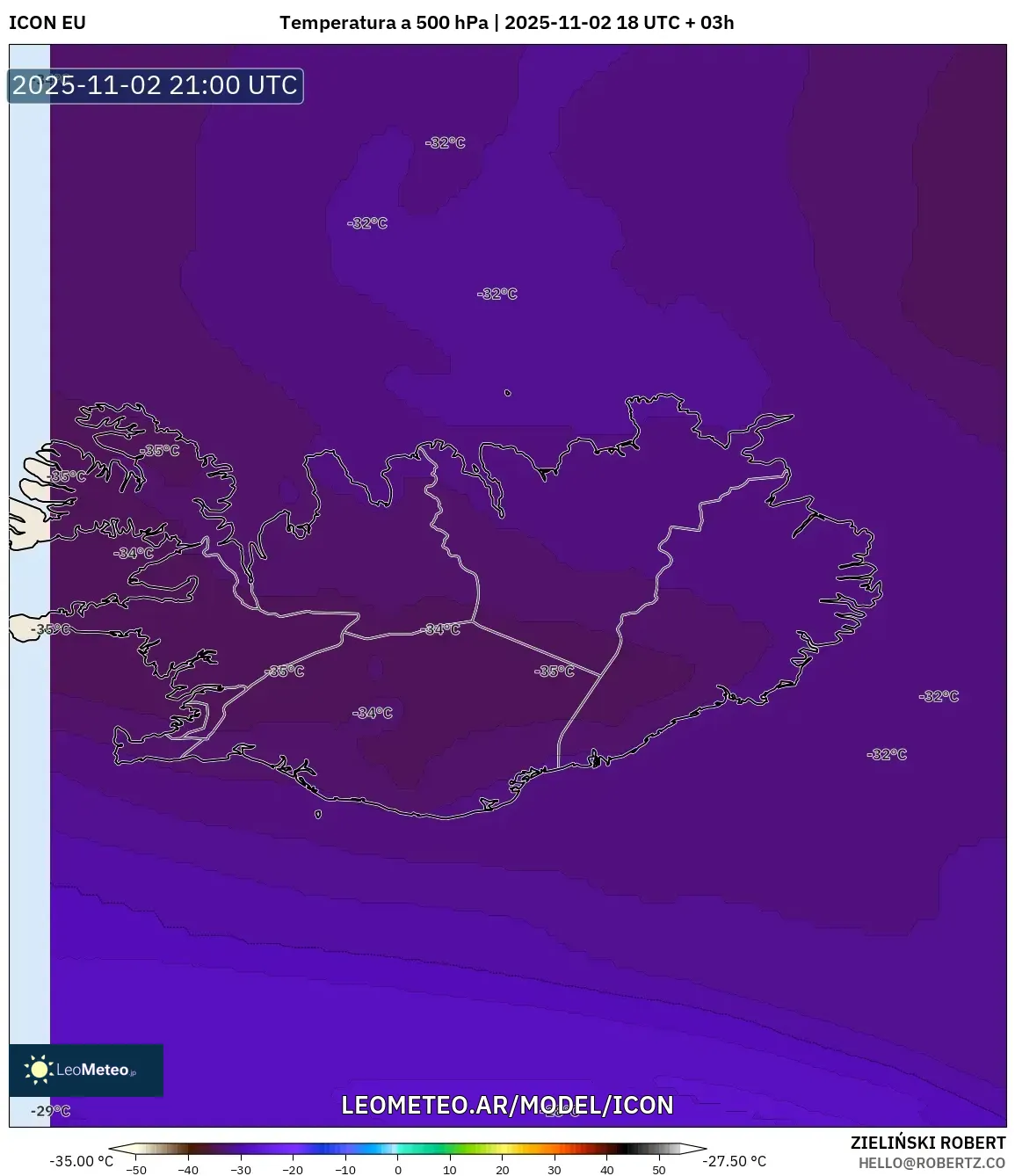 ICON model - Islandia, Temperatura a 500 hPa