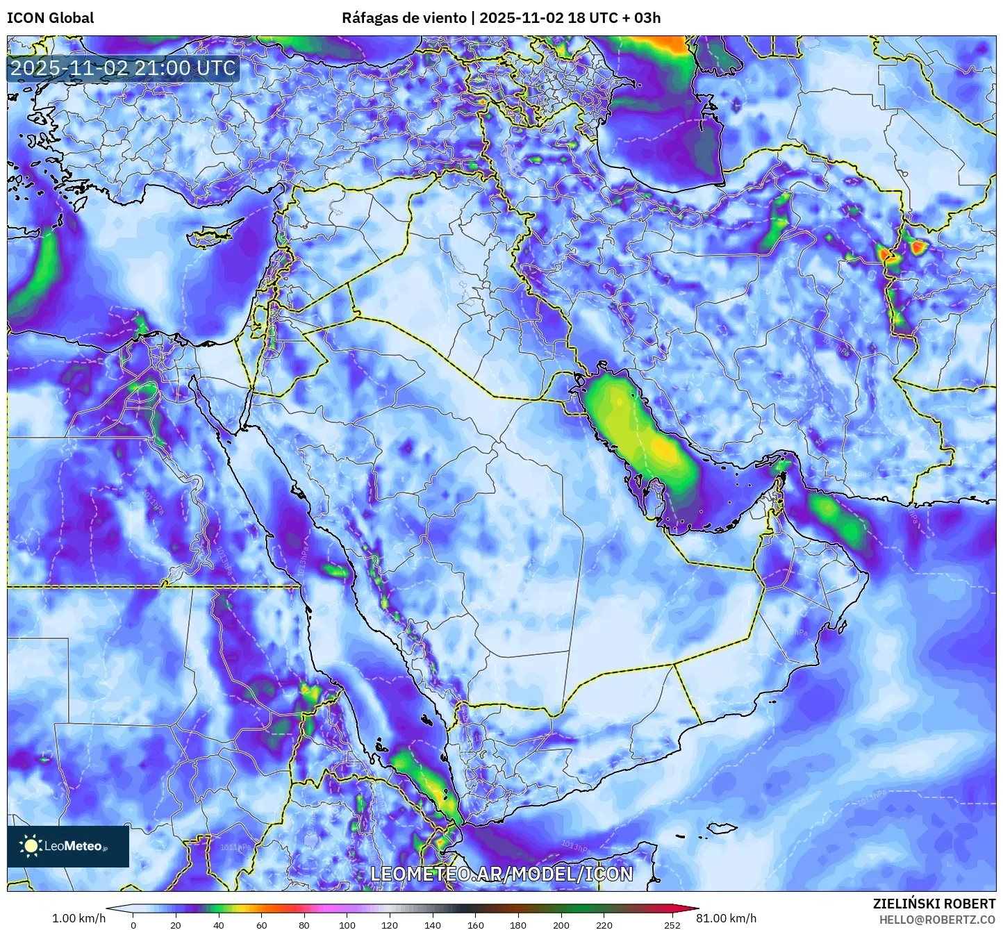 ICON model - Oriente Medio, Ráfagas de viento