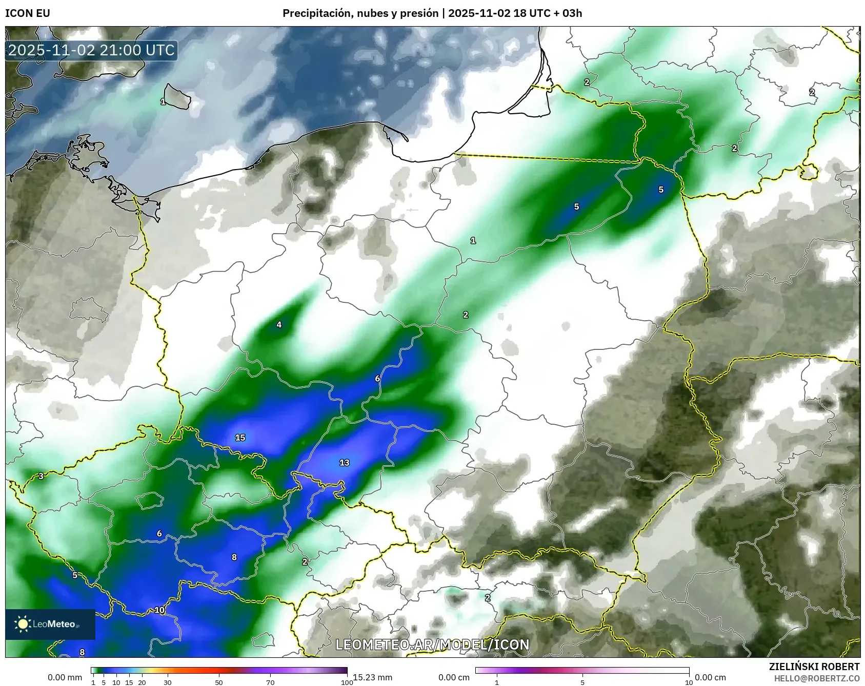 ICON model - Polonia, Precipitación, nubes y presión