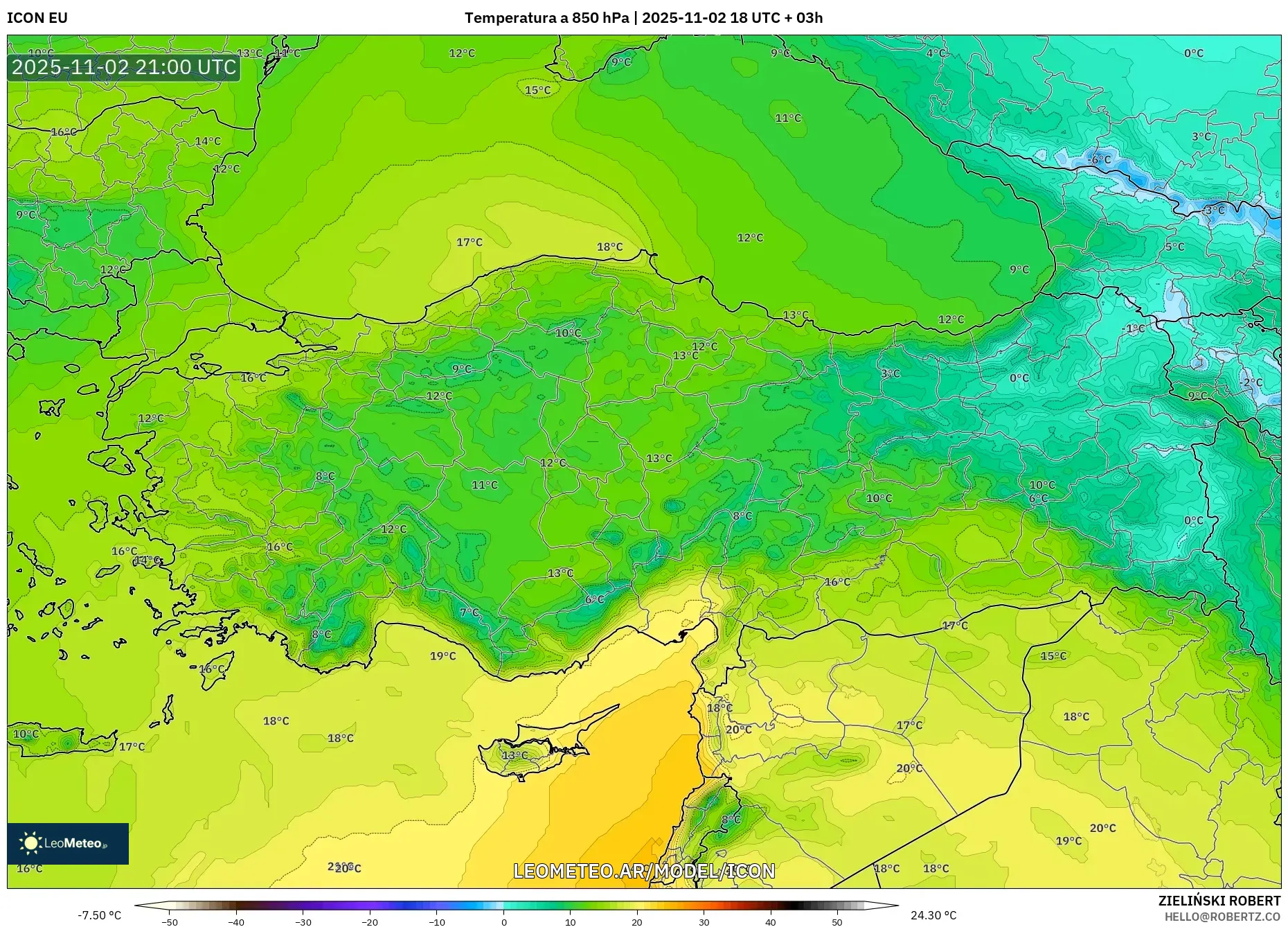 ICON model - Turquía, Temperatura a 850 hPa