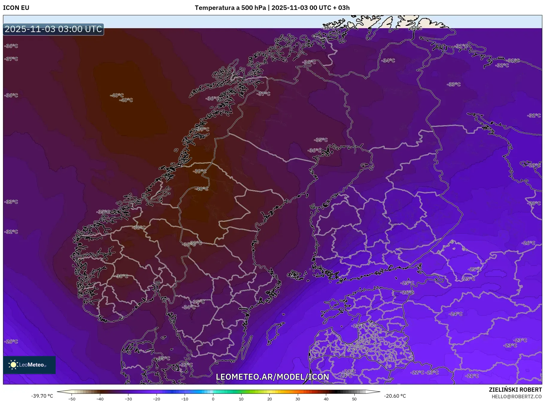 ICON model - Escandinavia, Temperatura a 500 hPa