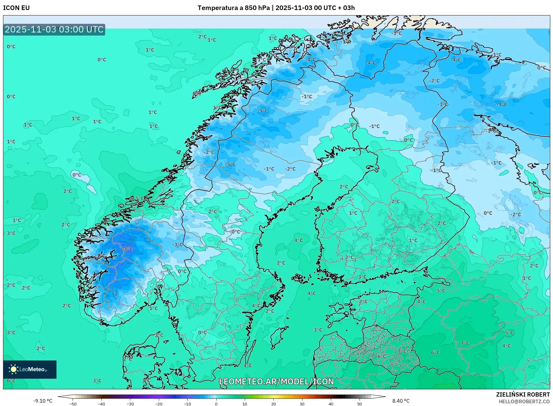 ICON model - Escandinavia, Temperatura a 850 hPa
