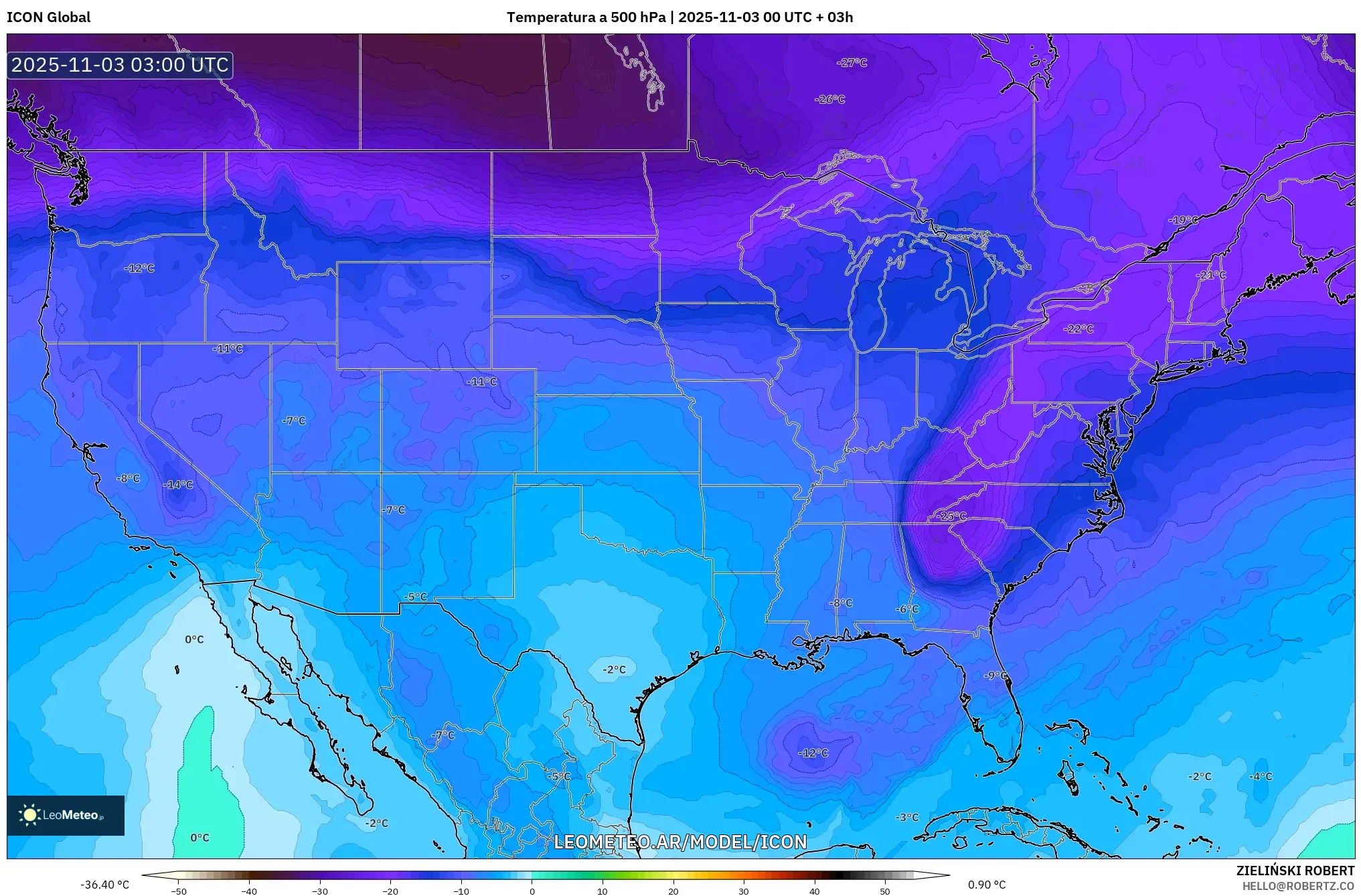 ICON model - Estados Unidos, Temperatura a 500 hPa