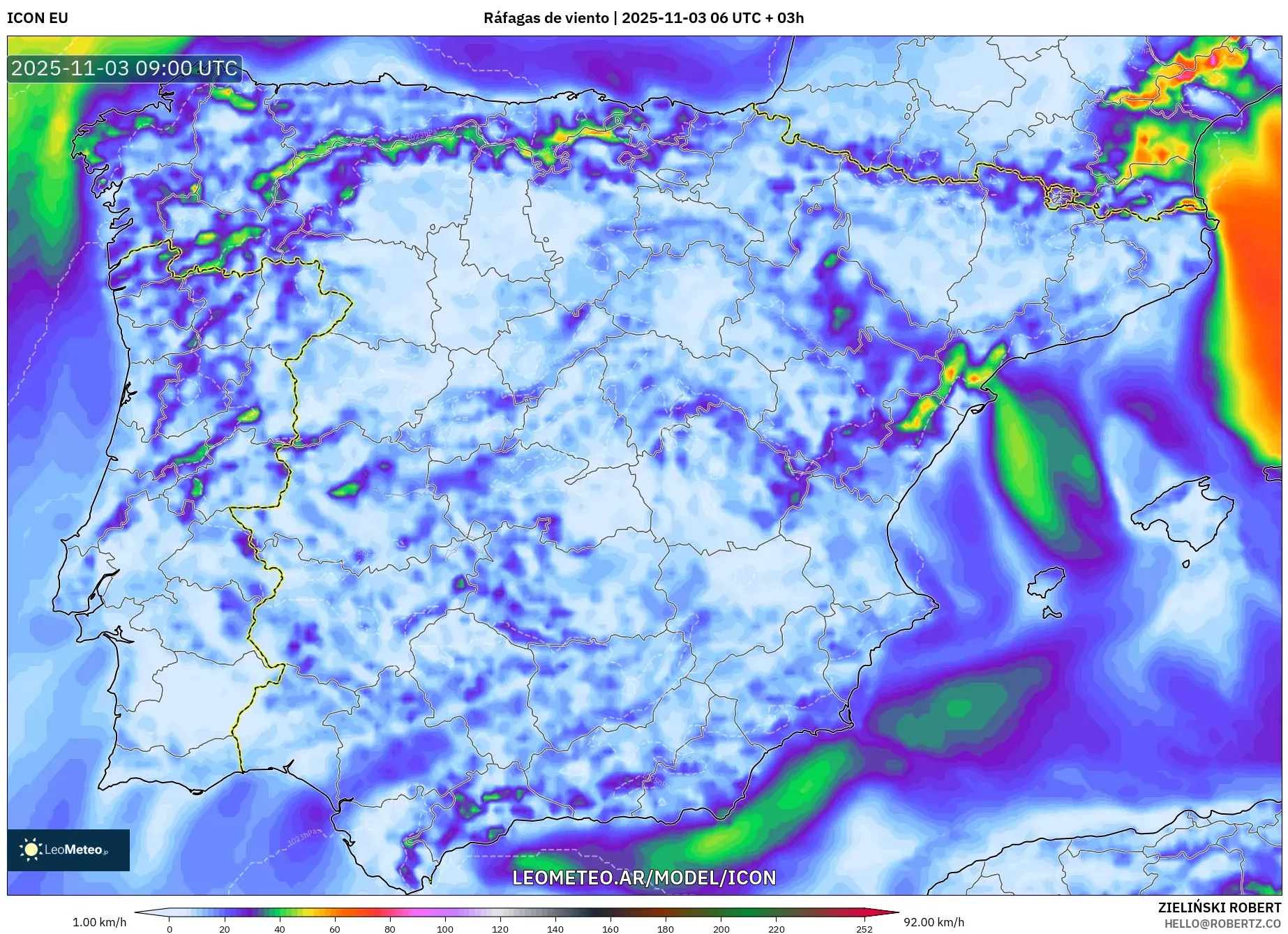 ICON model - España, Ráfagas de viento