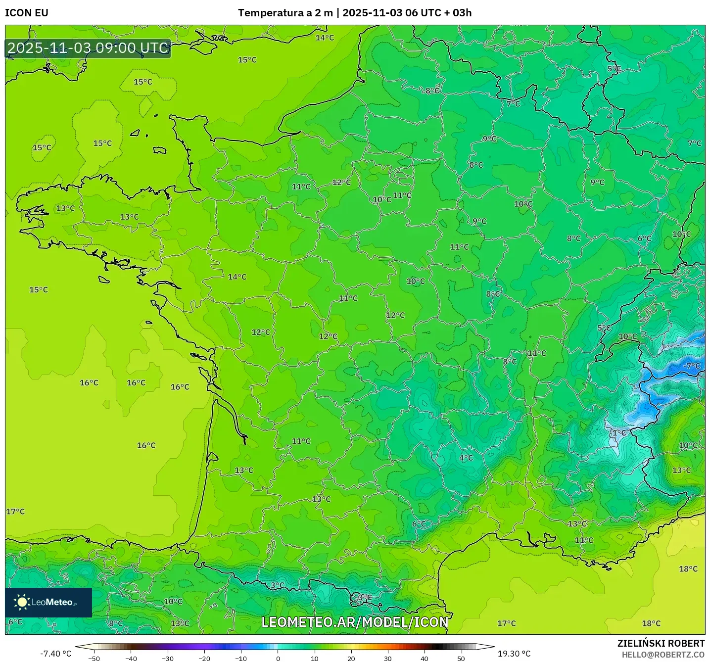 ICON model - Francia, Temperatura a 2 m