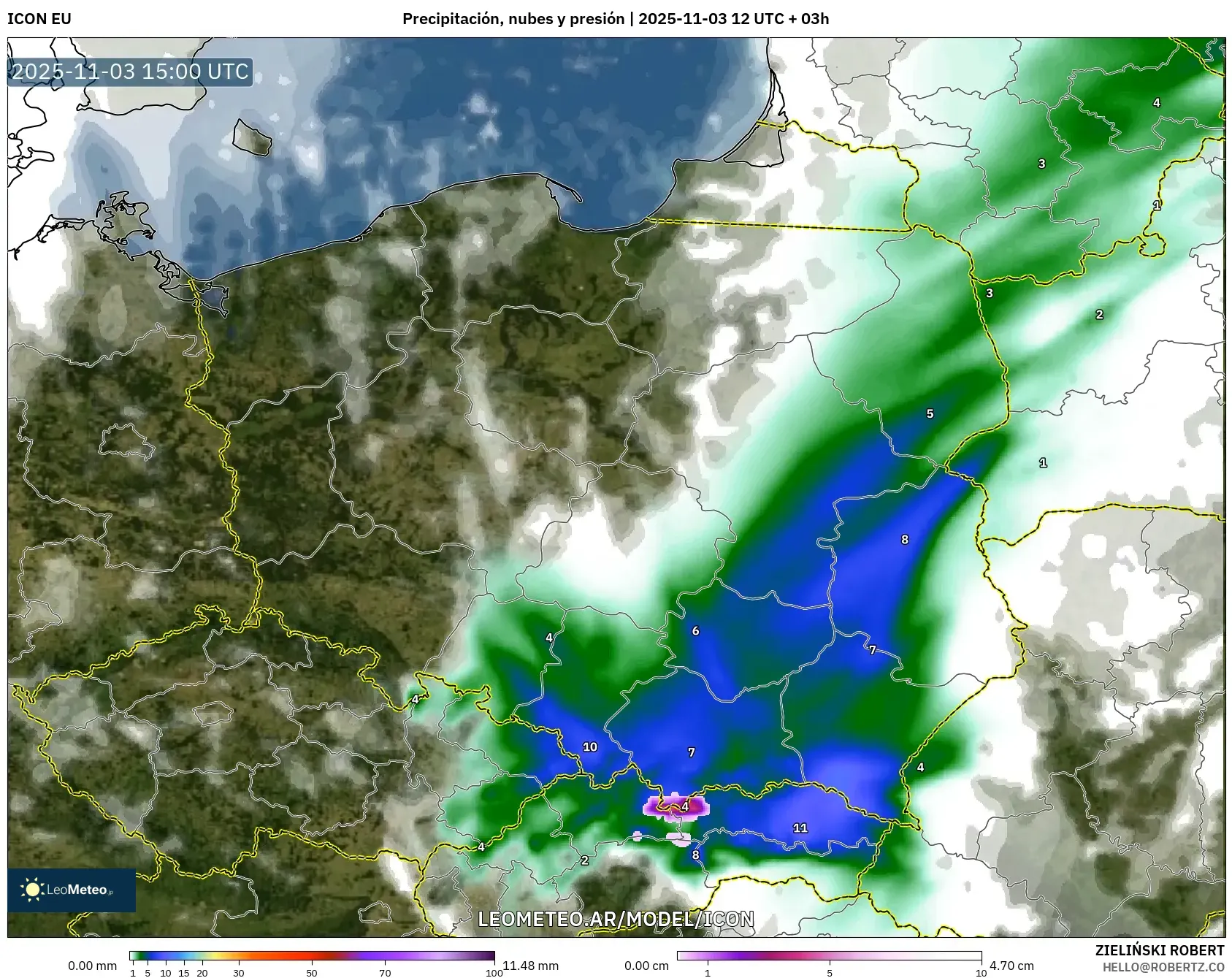 ICON model - Polonia, Precipitación, nubes y presión