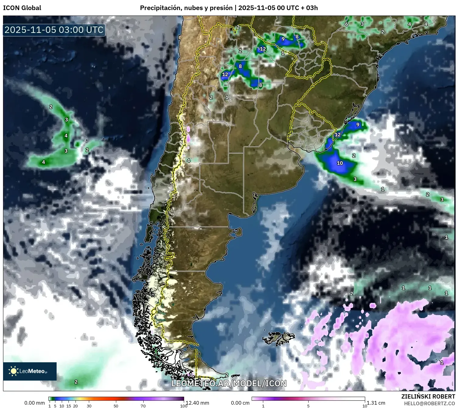 ICON model - Argentina, Precipitación, nubes y presión