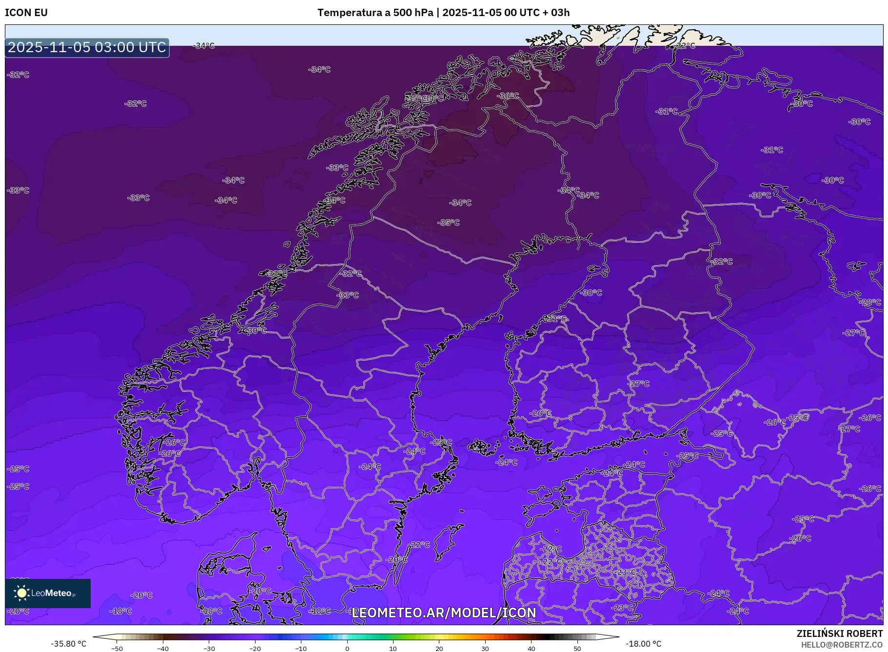 ICON model - Escandinavia, Temperatura a 500 hPa