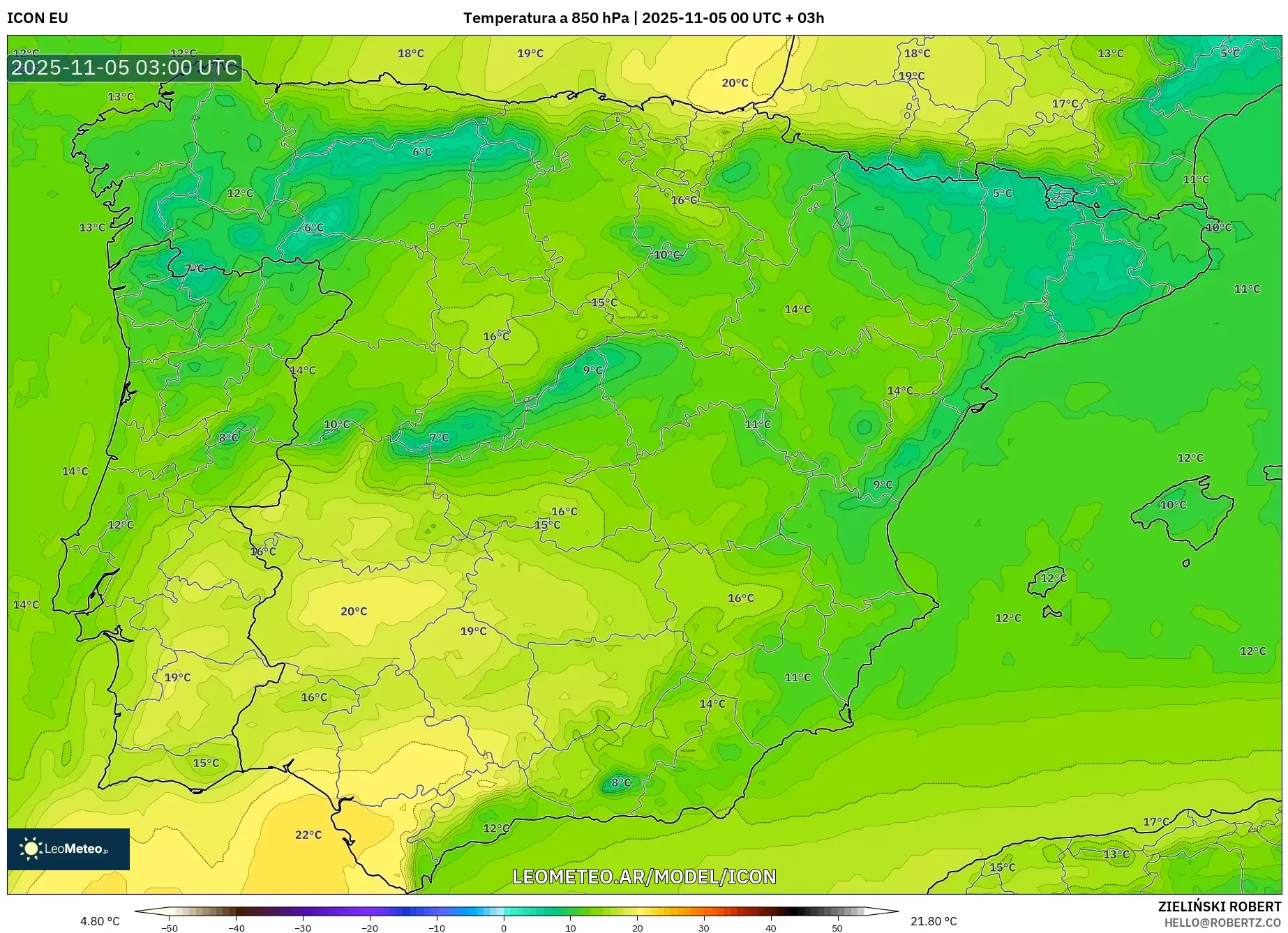 ICON model - España, Temperatura a 850 hPa