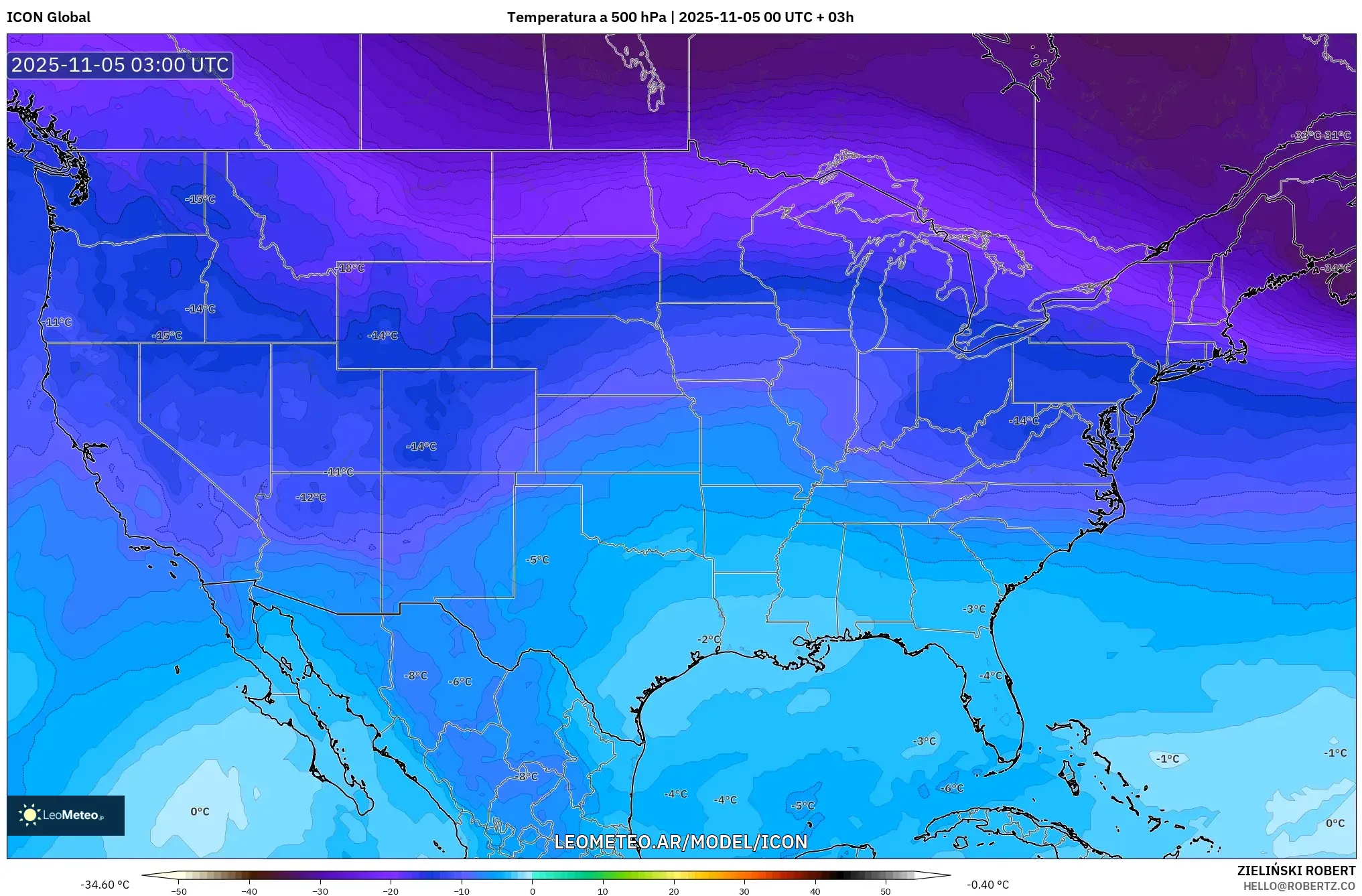 ICON model - Estados Unidos, Temperatura a 500 hPa
