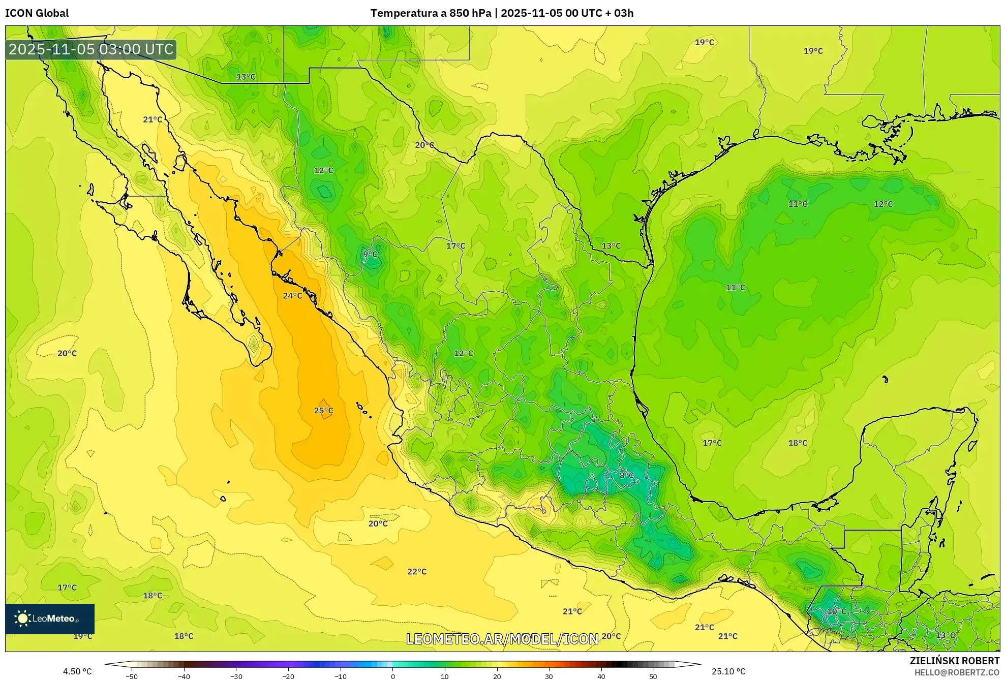ICON model - México, Temperatura a 850 hPa