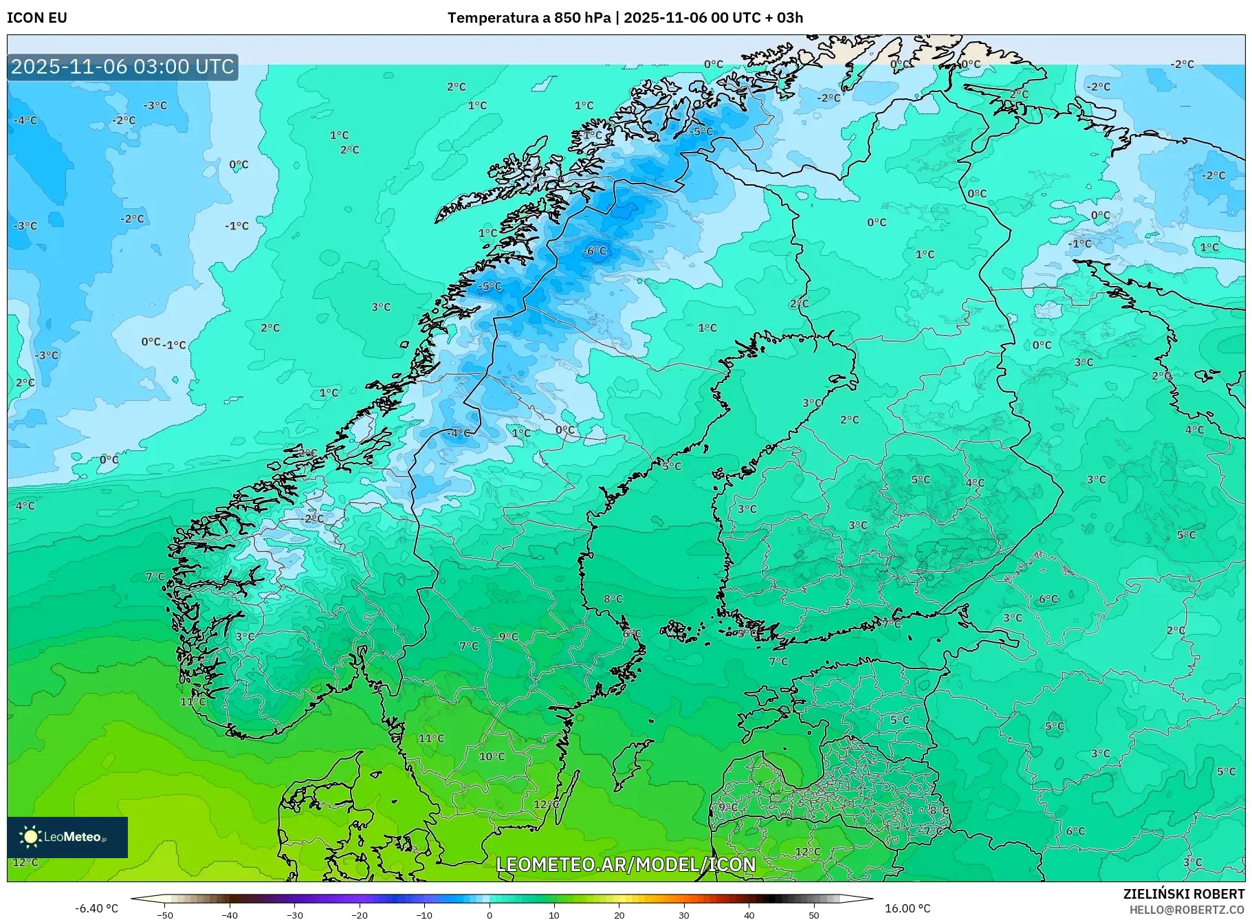 ICON model - Escandinavia, Temperatura a 850 hPa