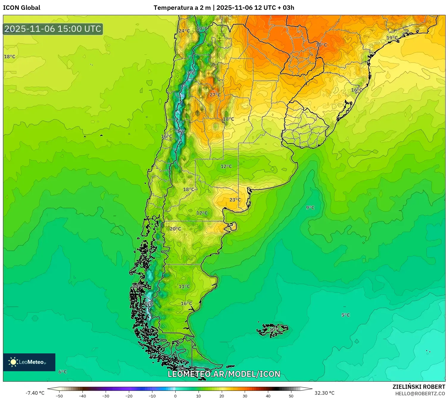 ICON model - Argentina, Temperatura a 2 m