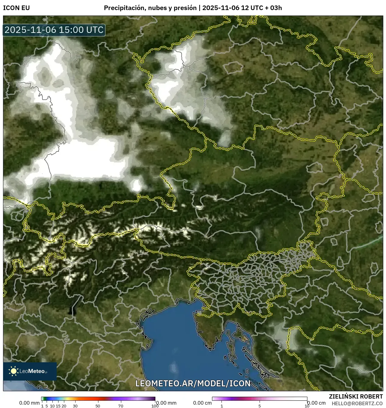 ICON model - Austria, Precipitación, nubes y presión