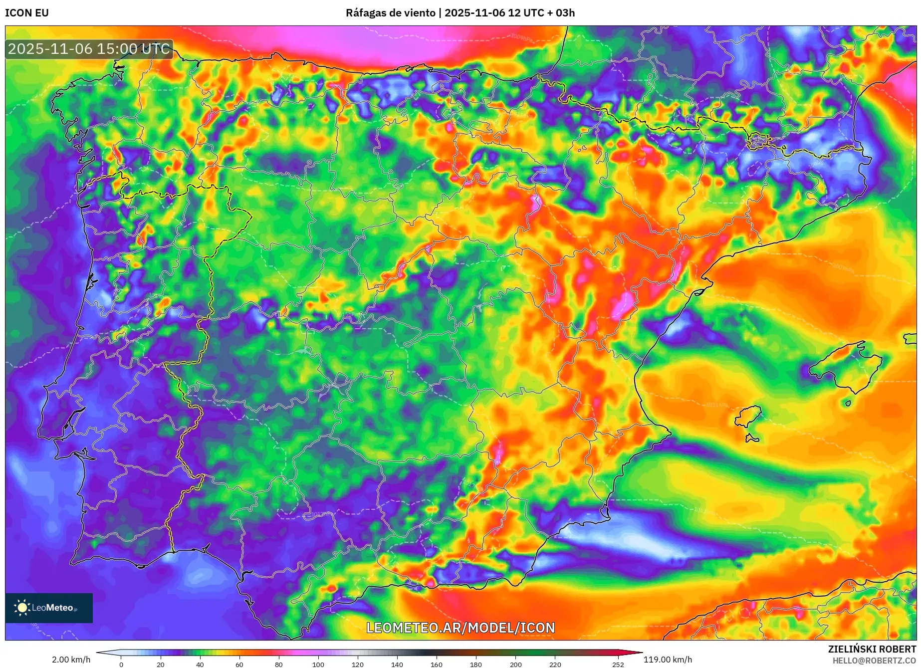 ICON model - España, Ráfagas de viento