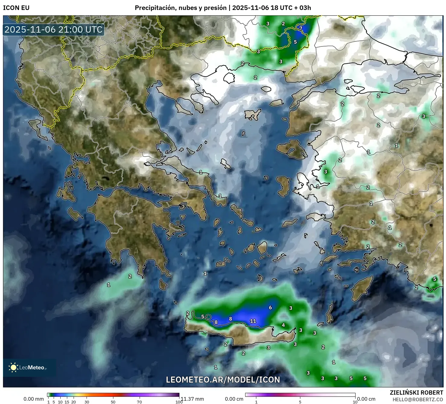 ICON model - Grecia, Precipitación, nubes y presión