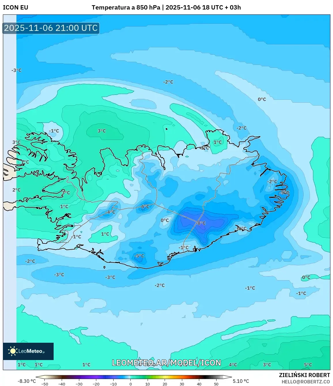 ICON model - Islandia, Temperatura a 850 hPa