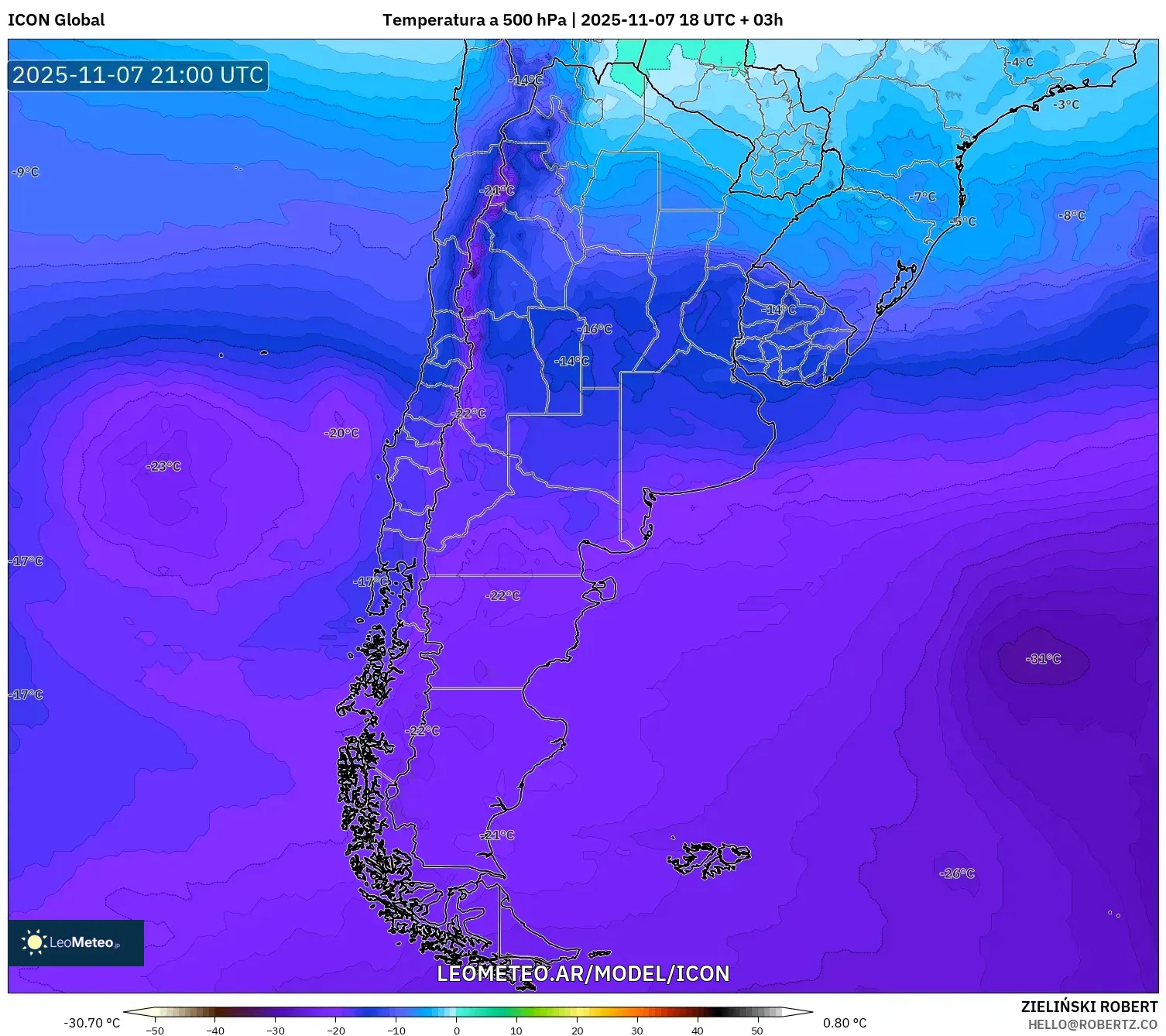 ICON model - Argentina, Temperatura a 500 hPa
