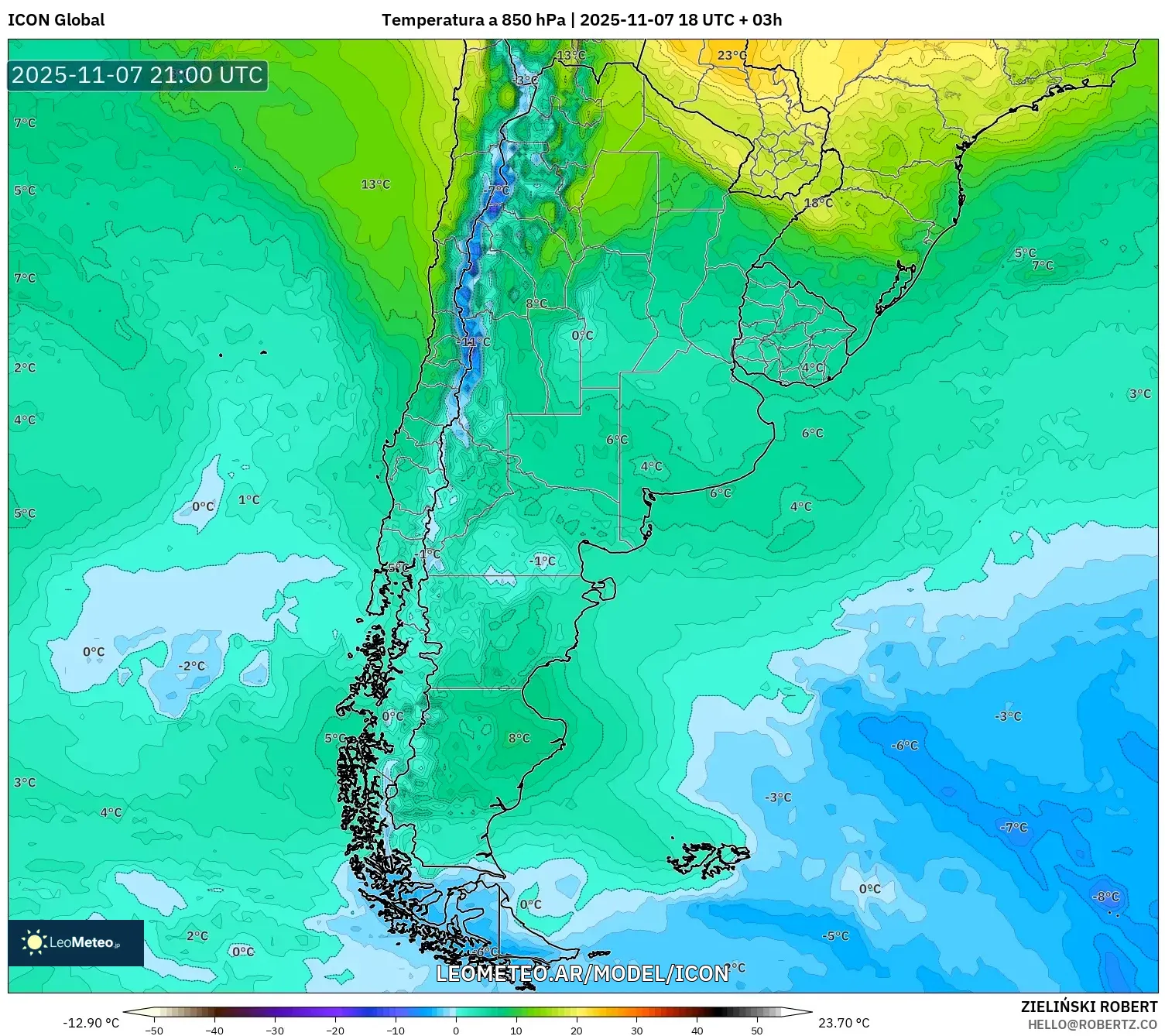 ICON model - Argentina, Temperatura a 850 hPa