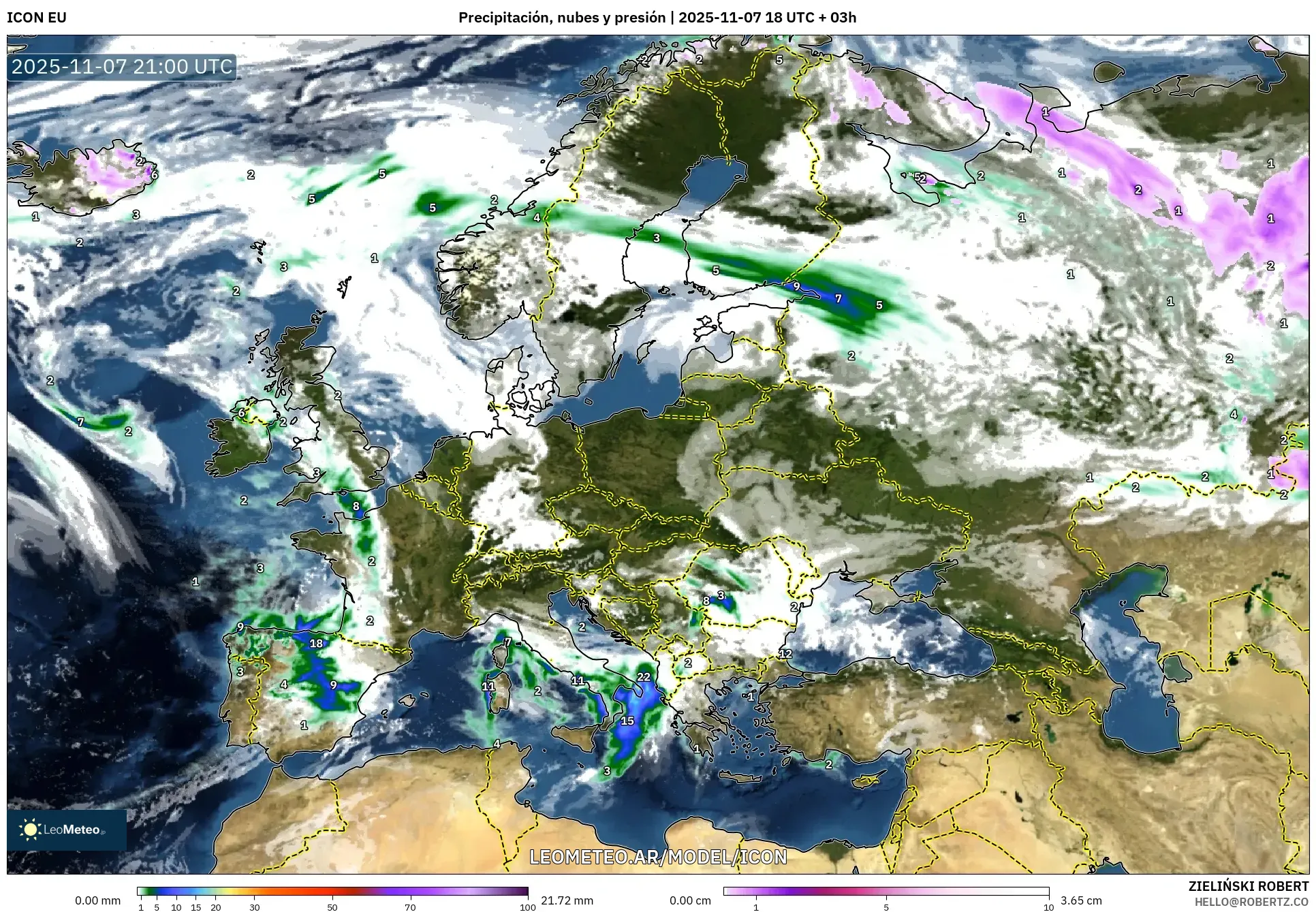 ICON model - Europa, Precipitación, nubes y presión