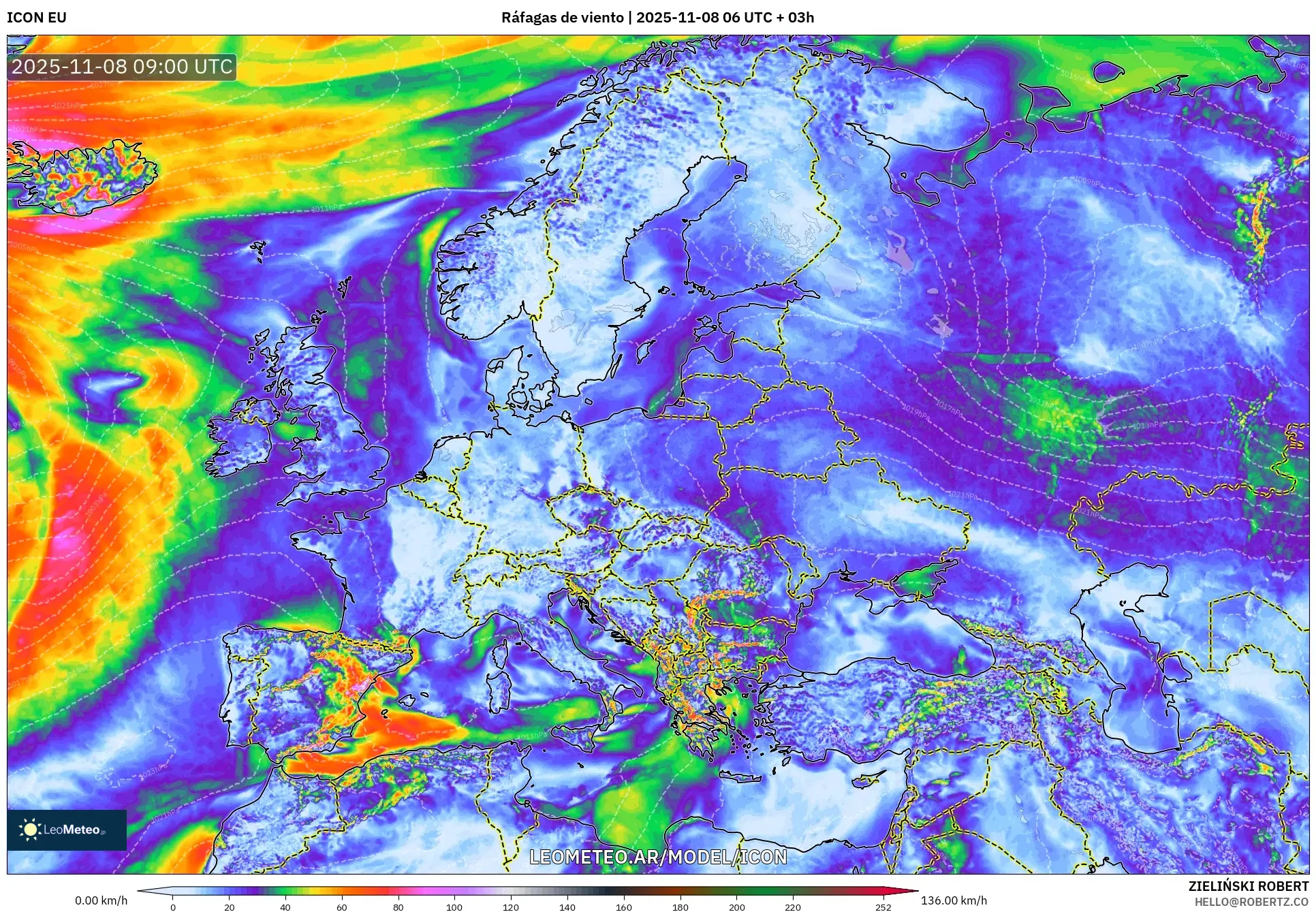 ICON model - Europa, Ráfagas de viento