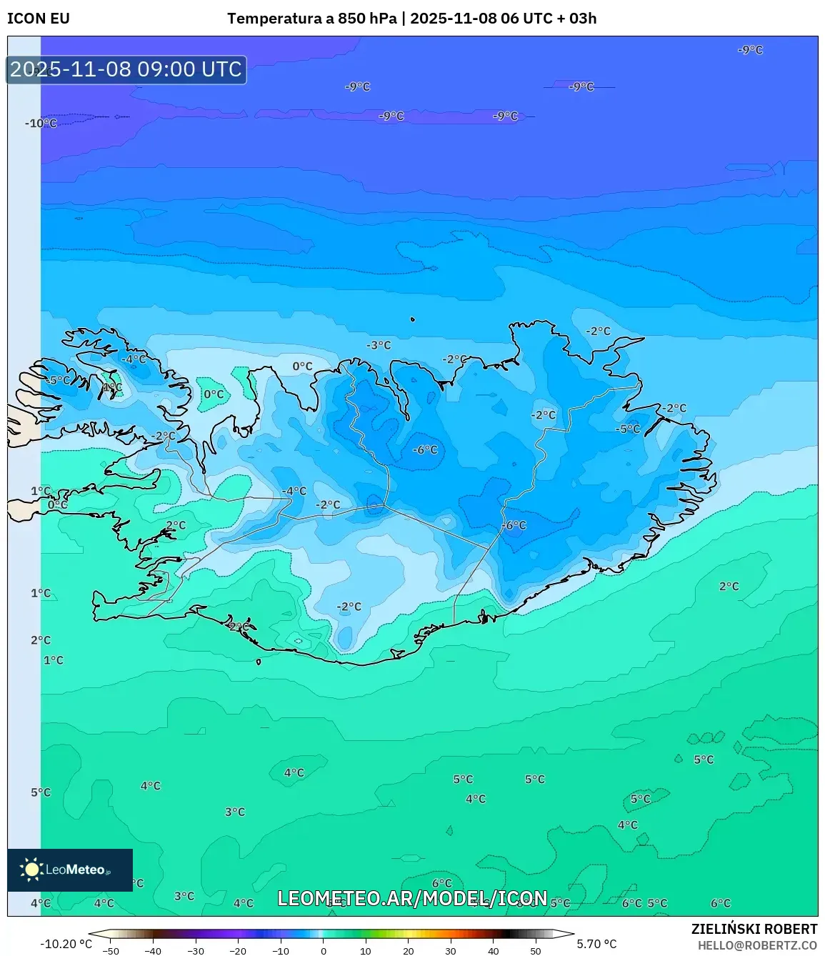 ICON model - Islandia, Temperatura a 850 hPa