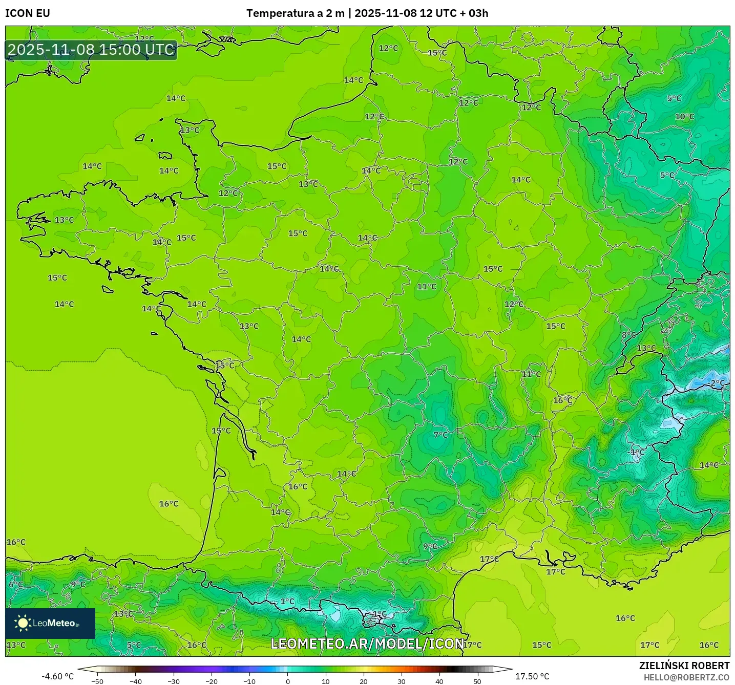 ICON model - Francia, Temperatura a 2 m