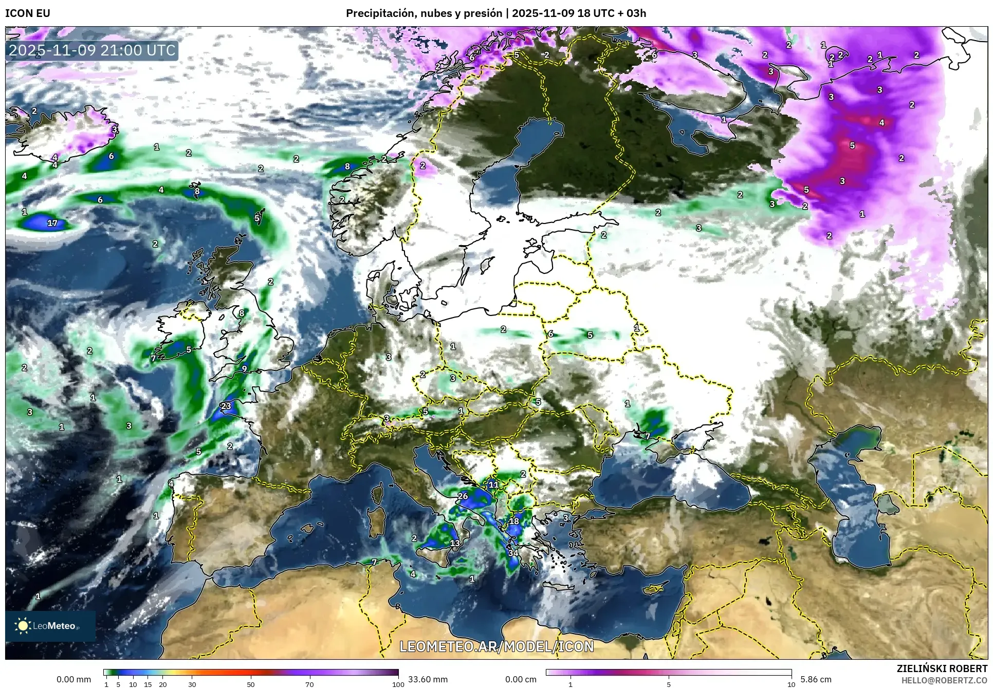 ICON model - Europa, Precipitación, nubes y presión