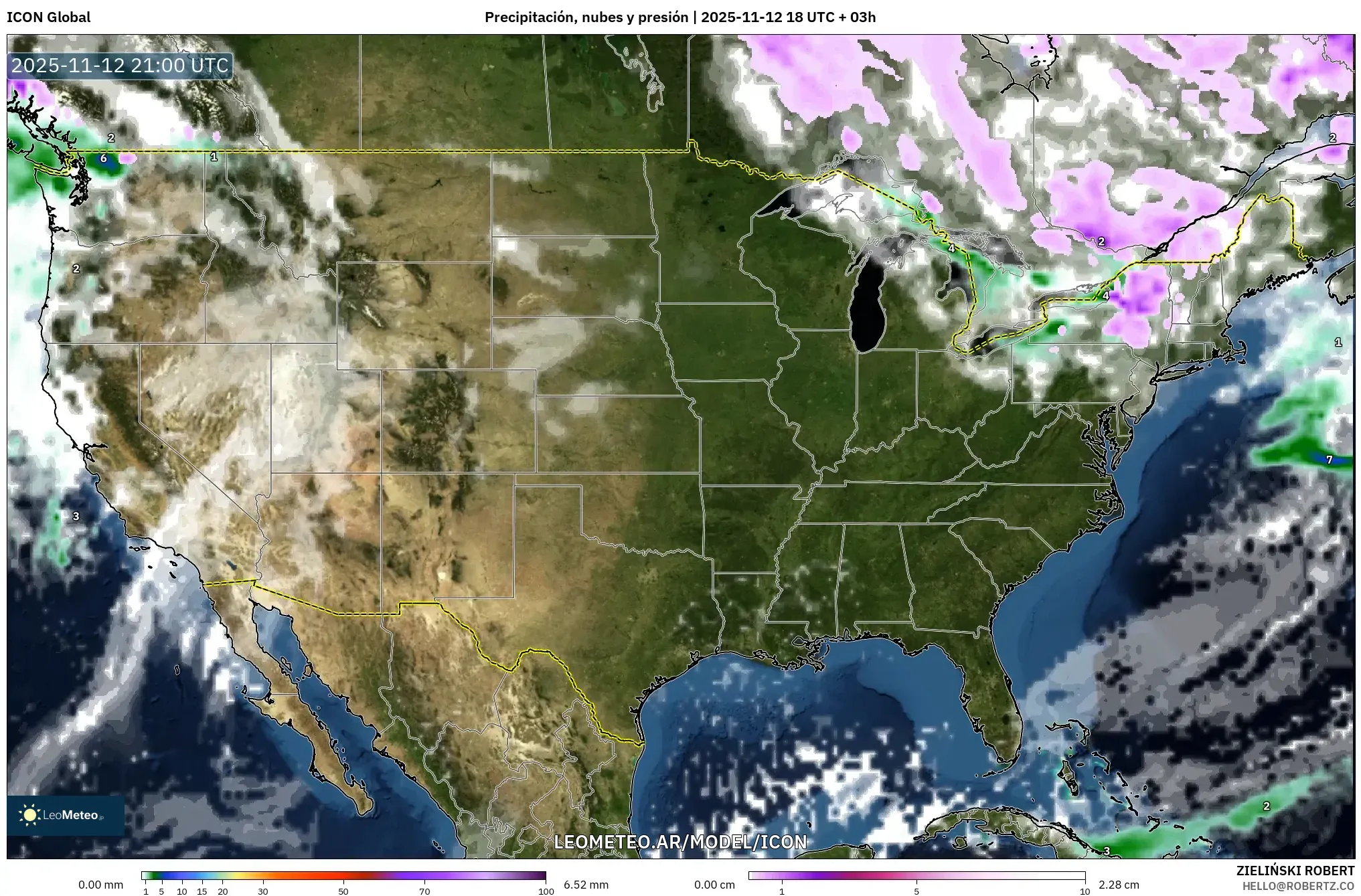 ICON model - Estados Unidos, Precipitación, nubes y presión