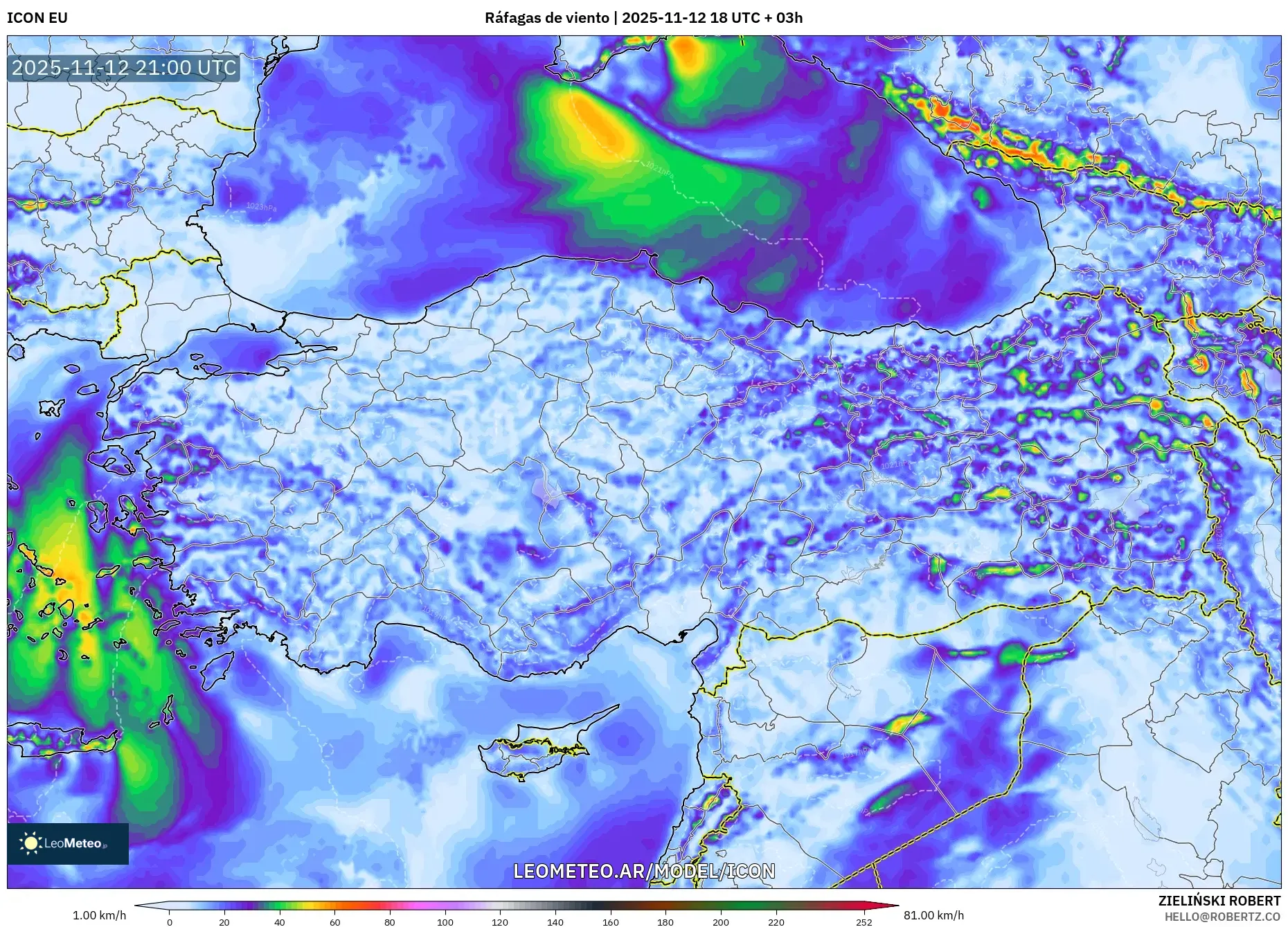 ICON model - Turquía, Ráfagas de viento