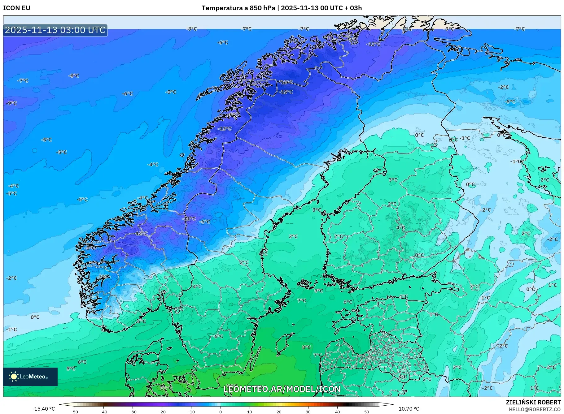 ICON model - Escandinavia, Temperatura a 850 hPa