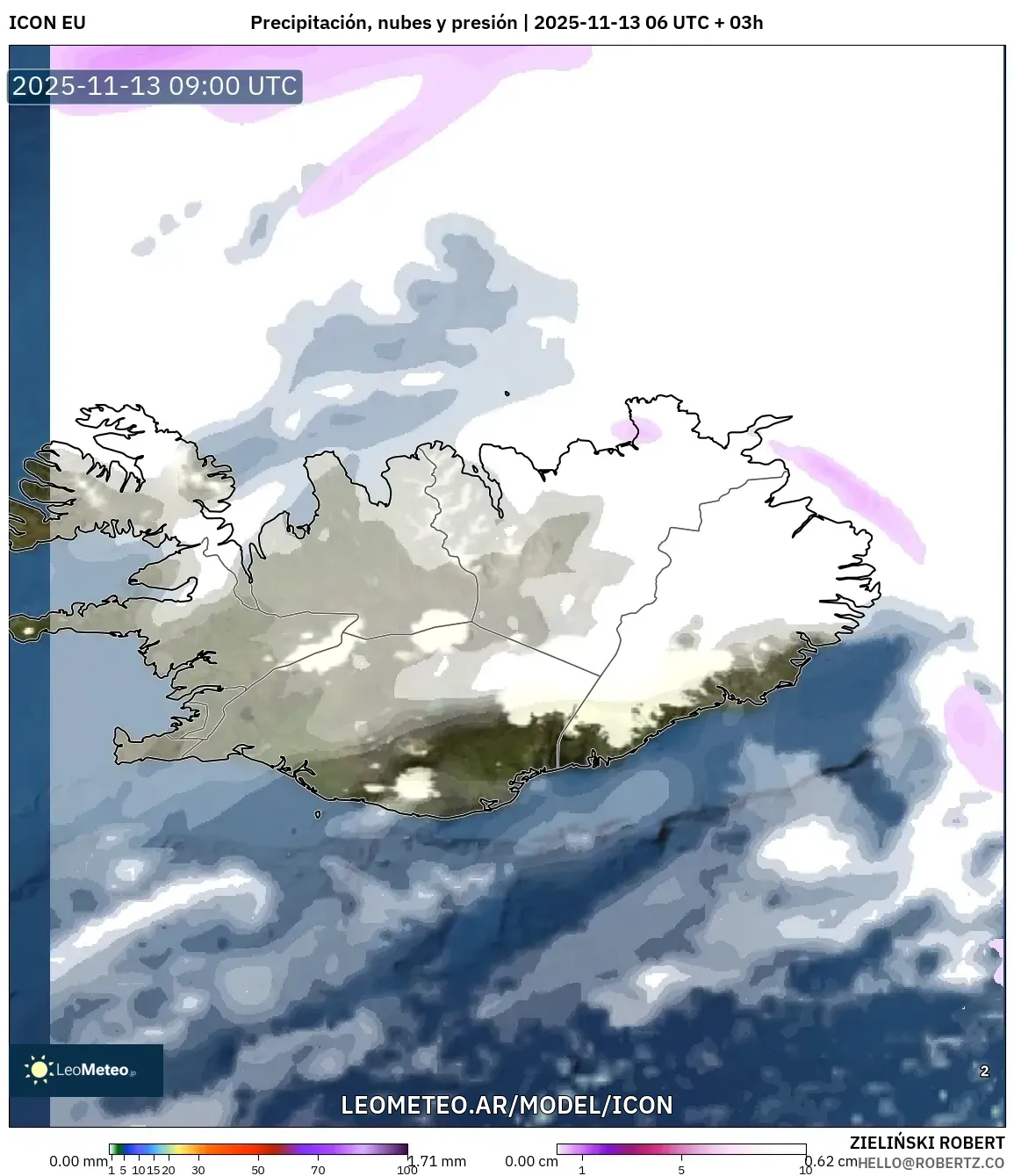 ICON model - Islandia, Precipitación, nubes y presión