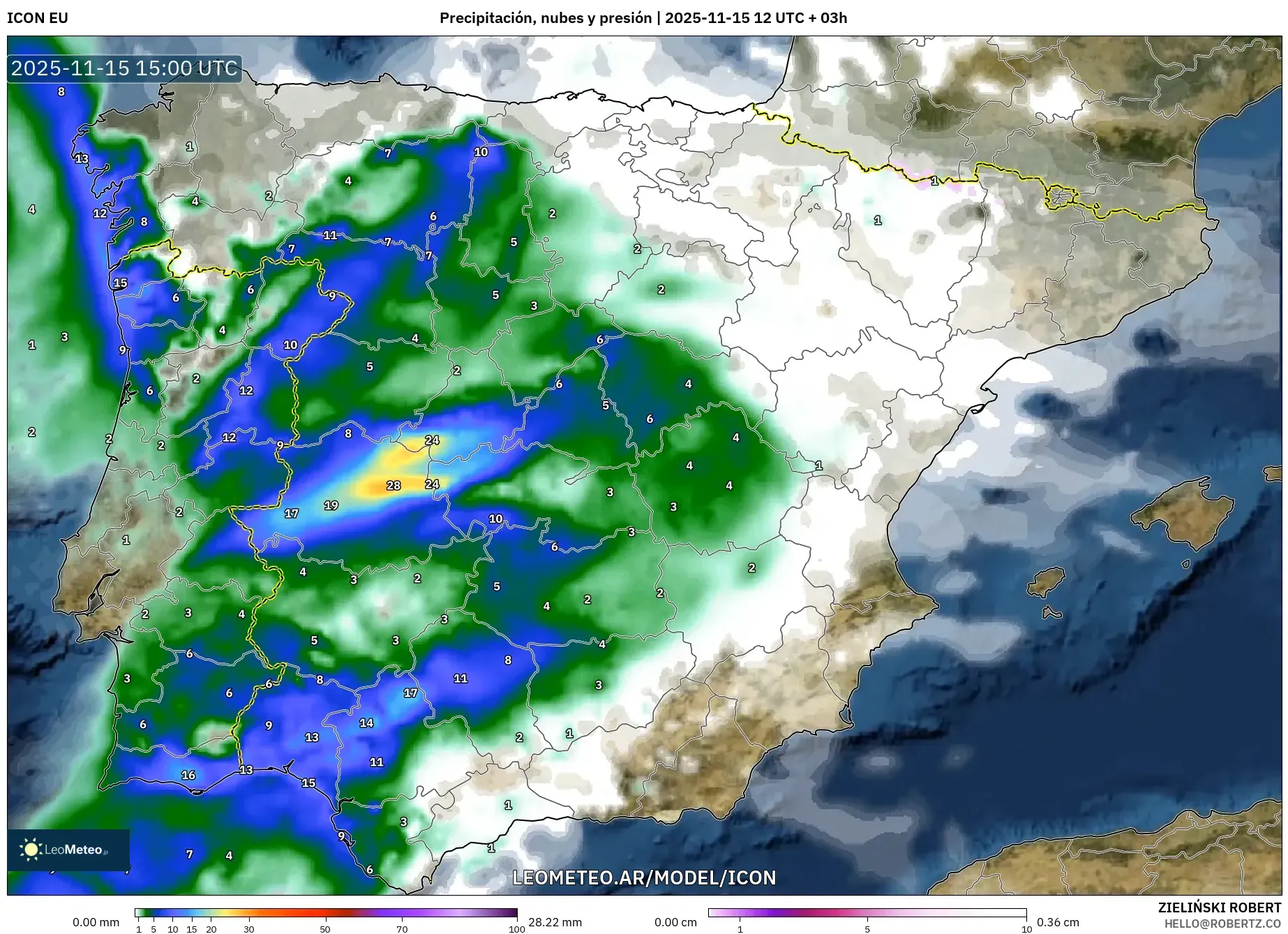 ICON model - España, Precipitación, nubes y presión