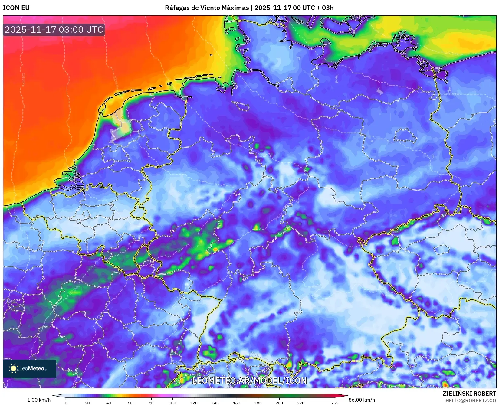 ICON model - Alemania, Ráfagas de Viento Máximas